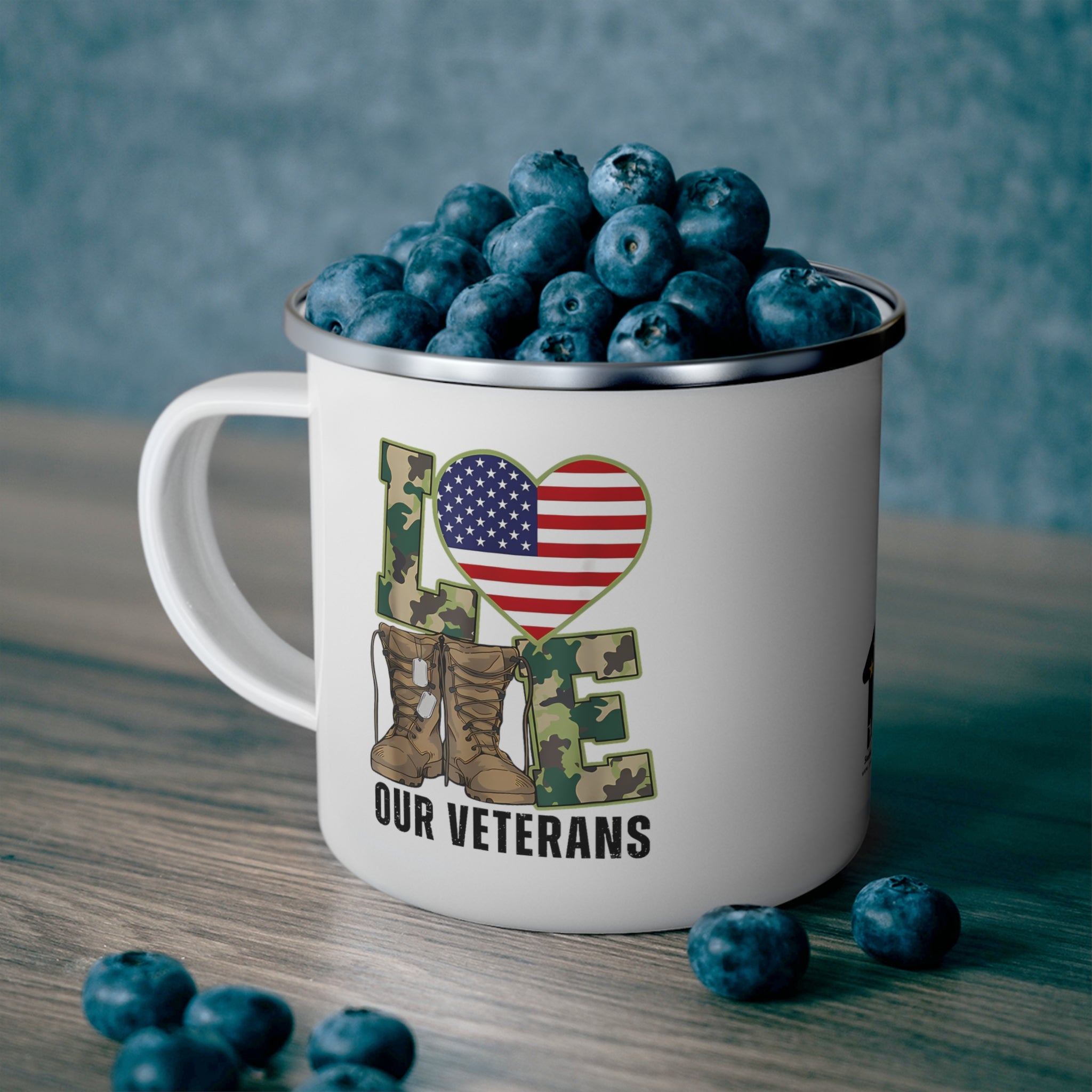 “Love Our Veterans” Enamel Mug with Camouflage Letters, Combat Boots, and American Flag Heart