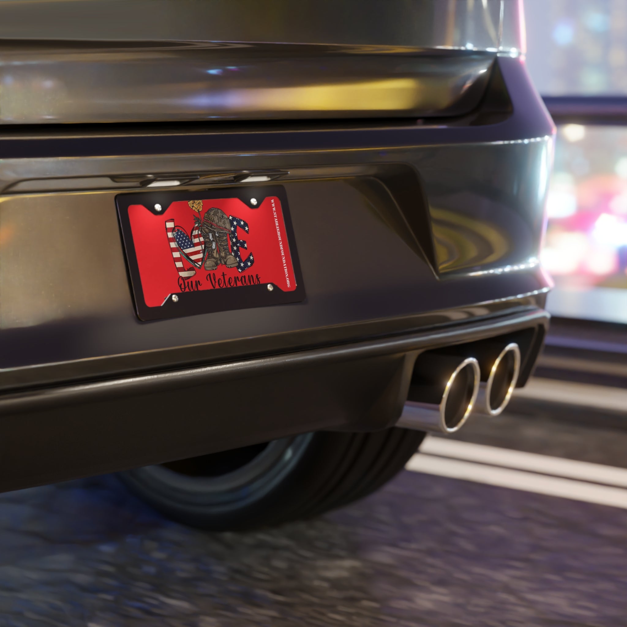 Love Our Veterans – Red Patriotic Boots & Flower License Plate