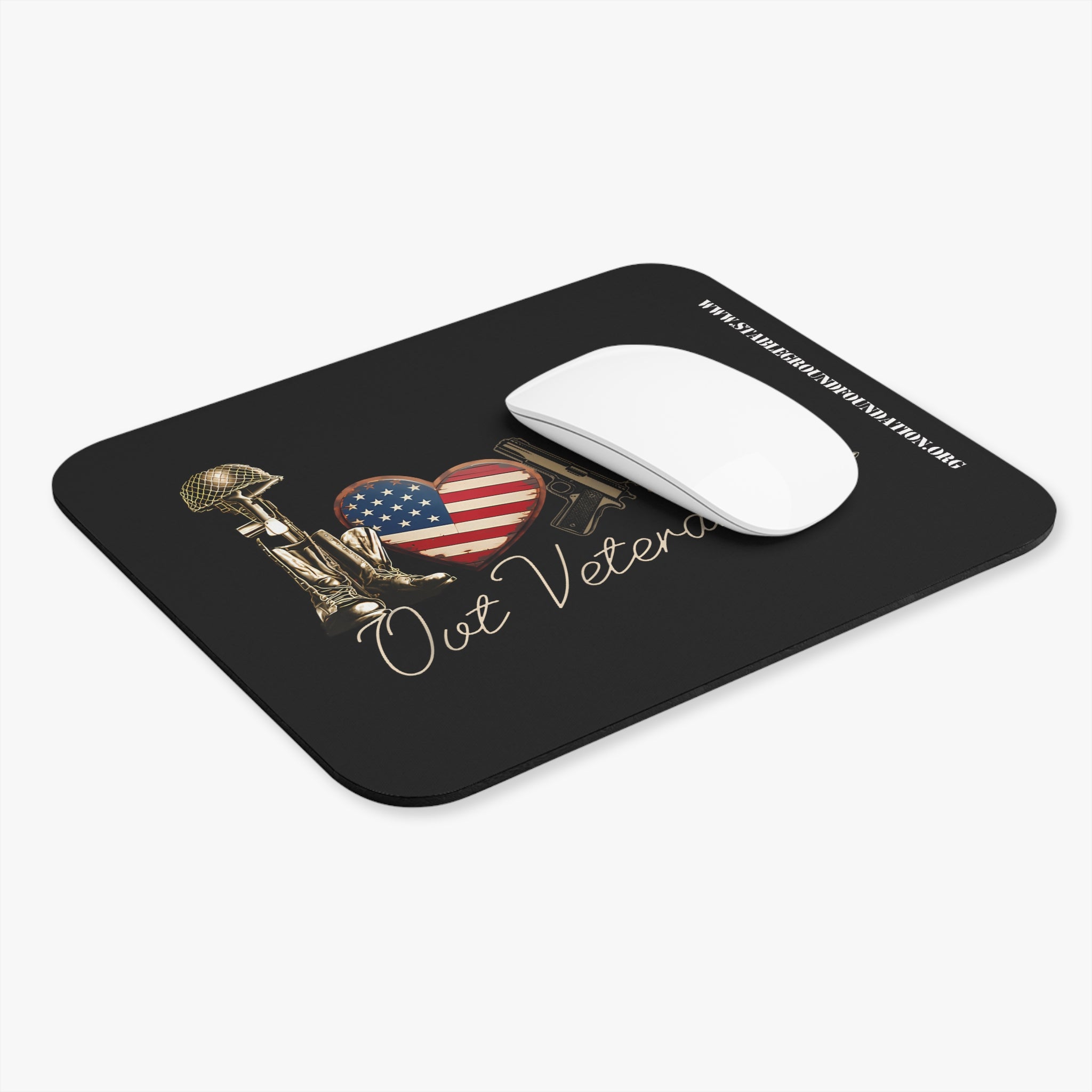 Love Our Veterans – Rifle, Helmet & Flag Heart Mouse Pad