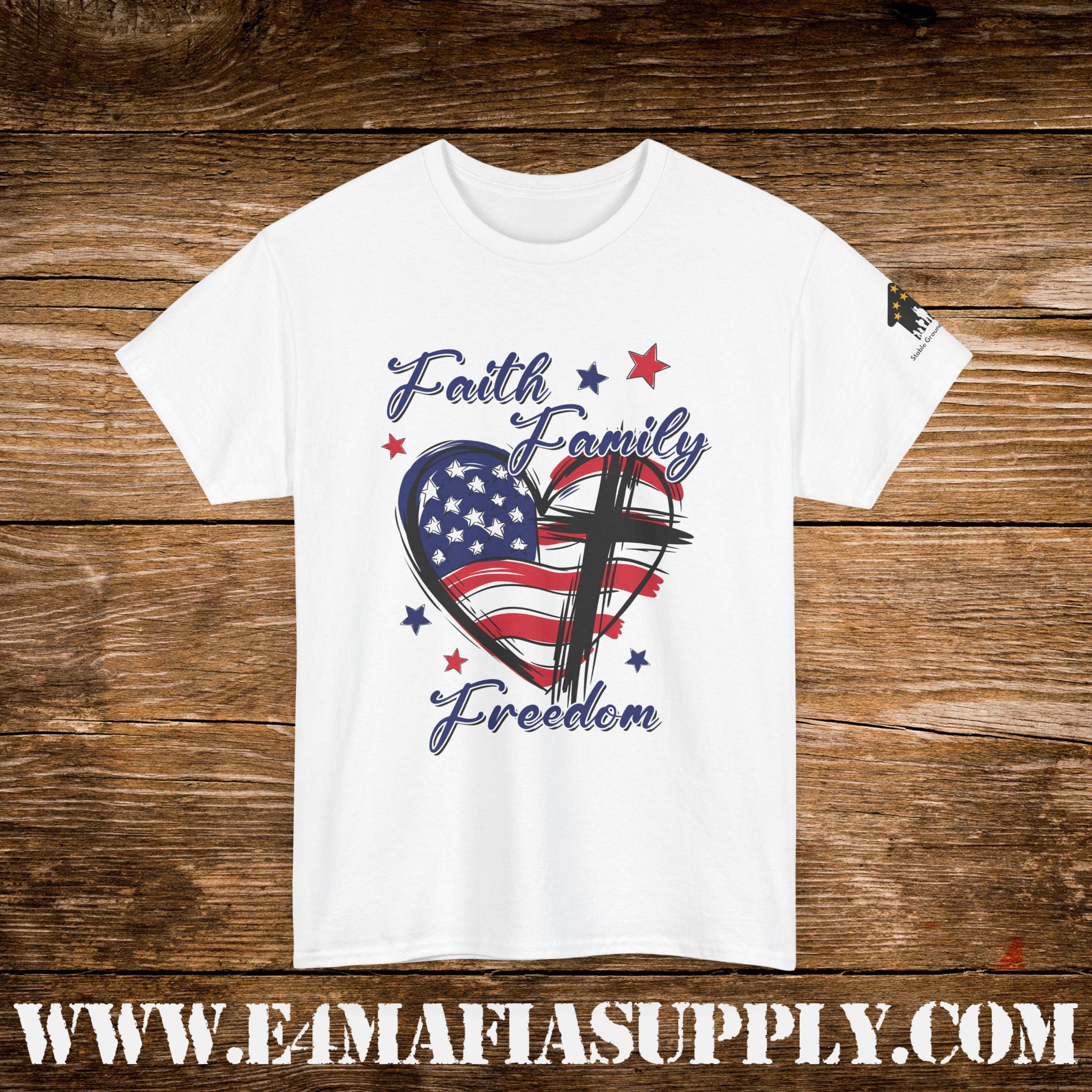 “Faith, Family, Freedom” – Patriotic American Flag & Cross T-Shirt