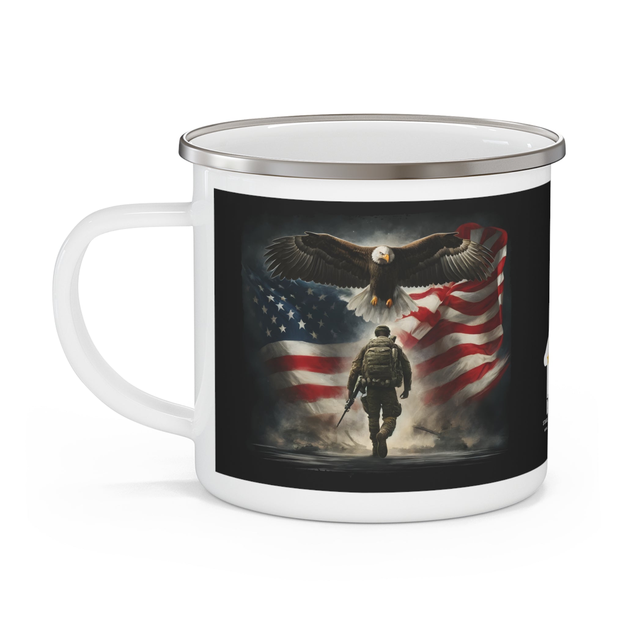 American Eagle Soldier Coffee Cup – Patriotic Flag Tribute Enamel Cup
