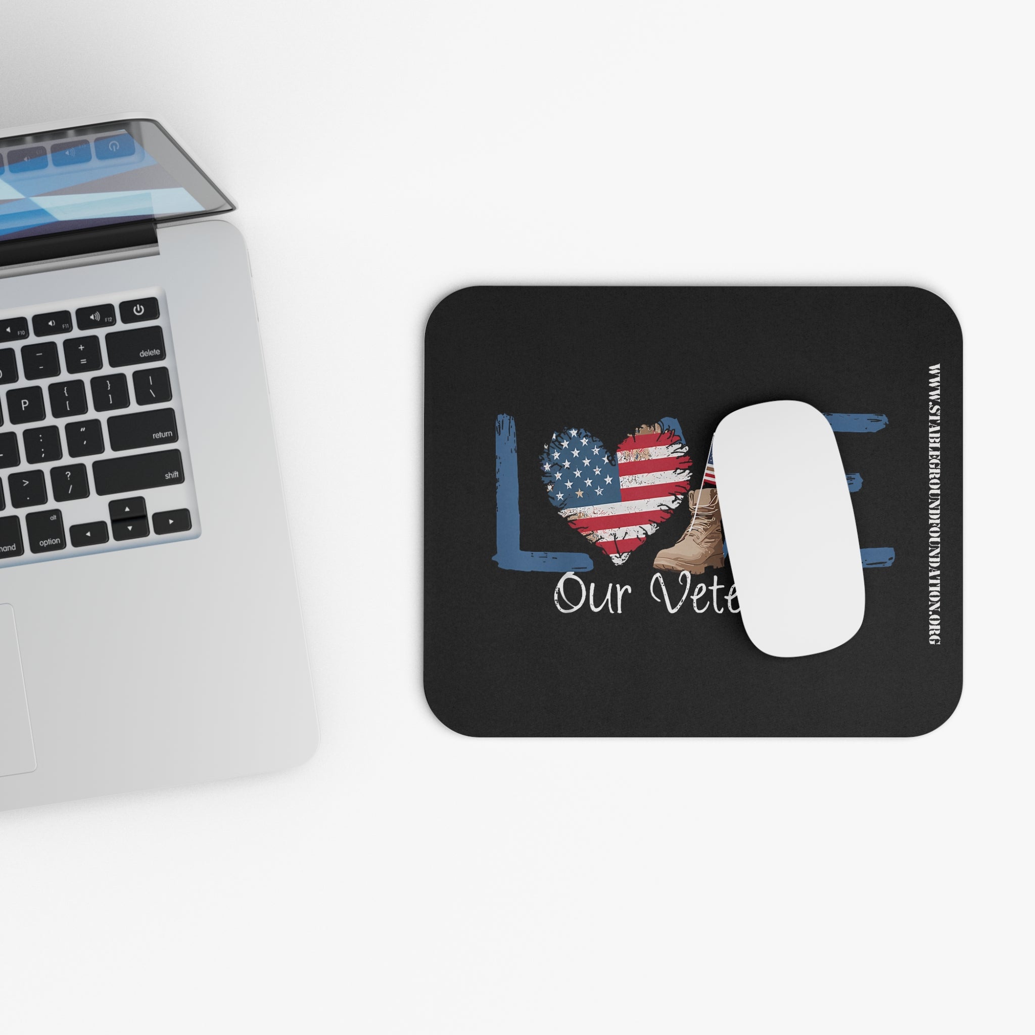 Love Our Veterans – Blue Lettering & Flag Heart Mouse Pad