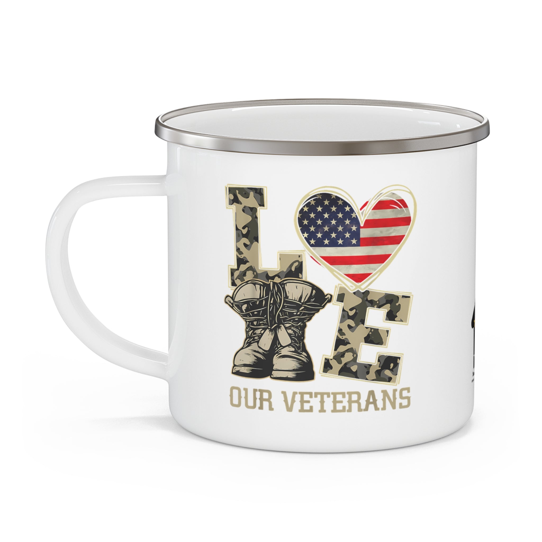 Love Our Veterans Coffee Cup – Camo Boots & American Pride