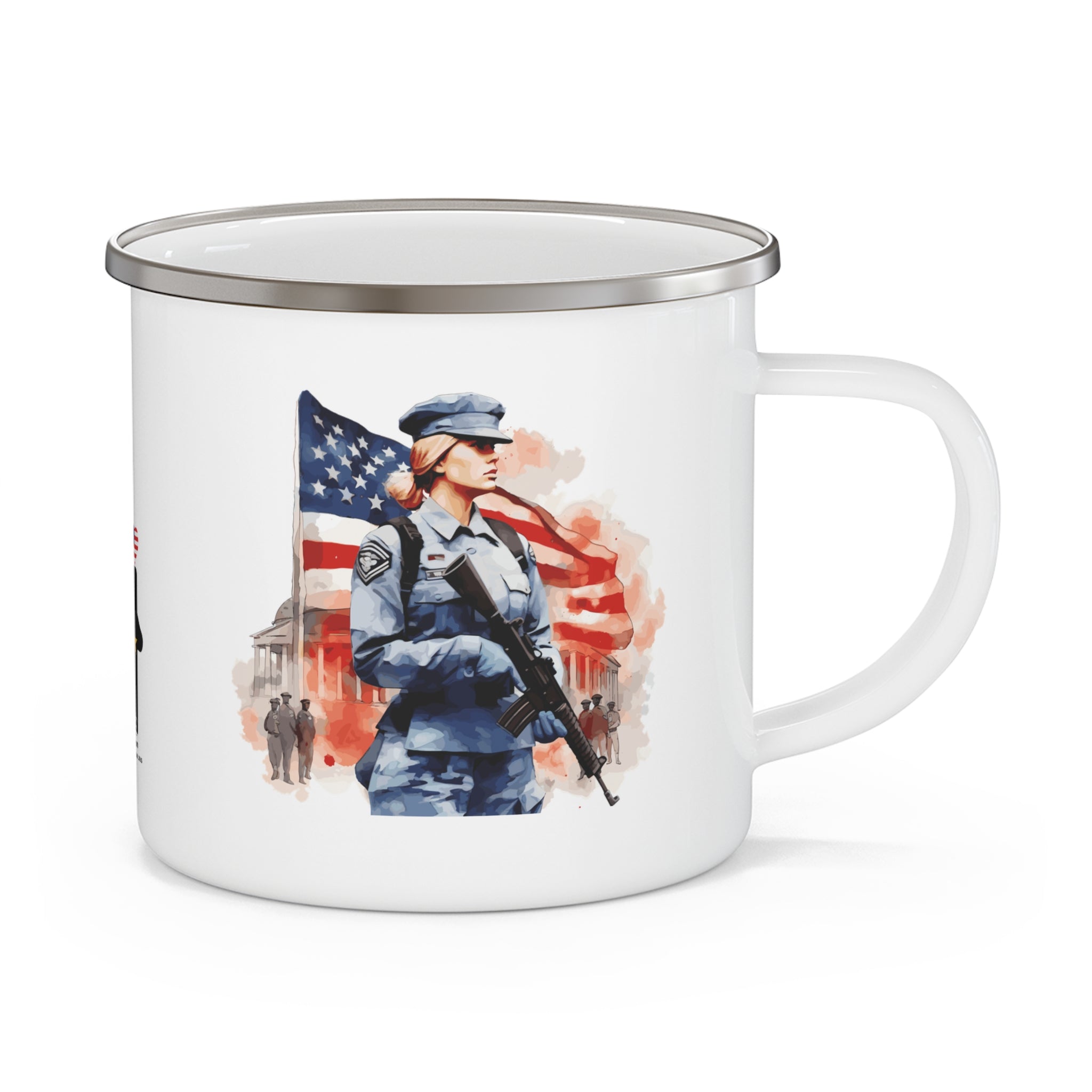 Strong Women Coffee Cup – Patriotic Female Soldier Enamel Mug