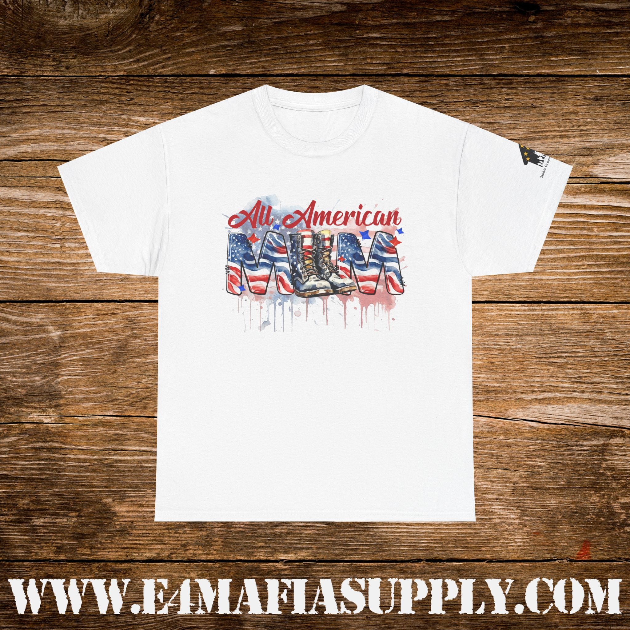 “All American Mom” – Patriotic Flag & Combat Boots T-Shirt