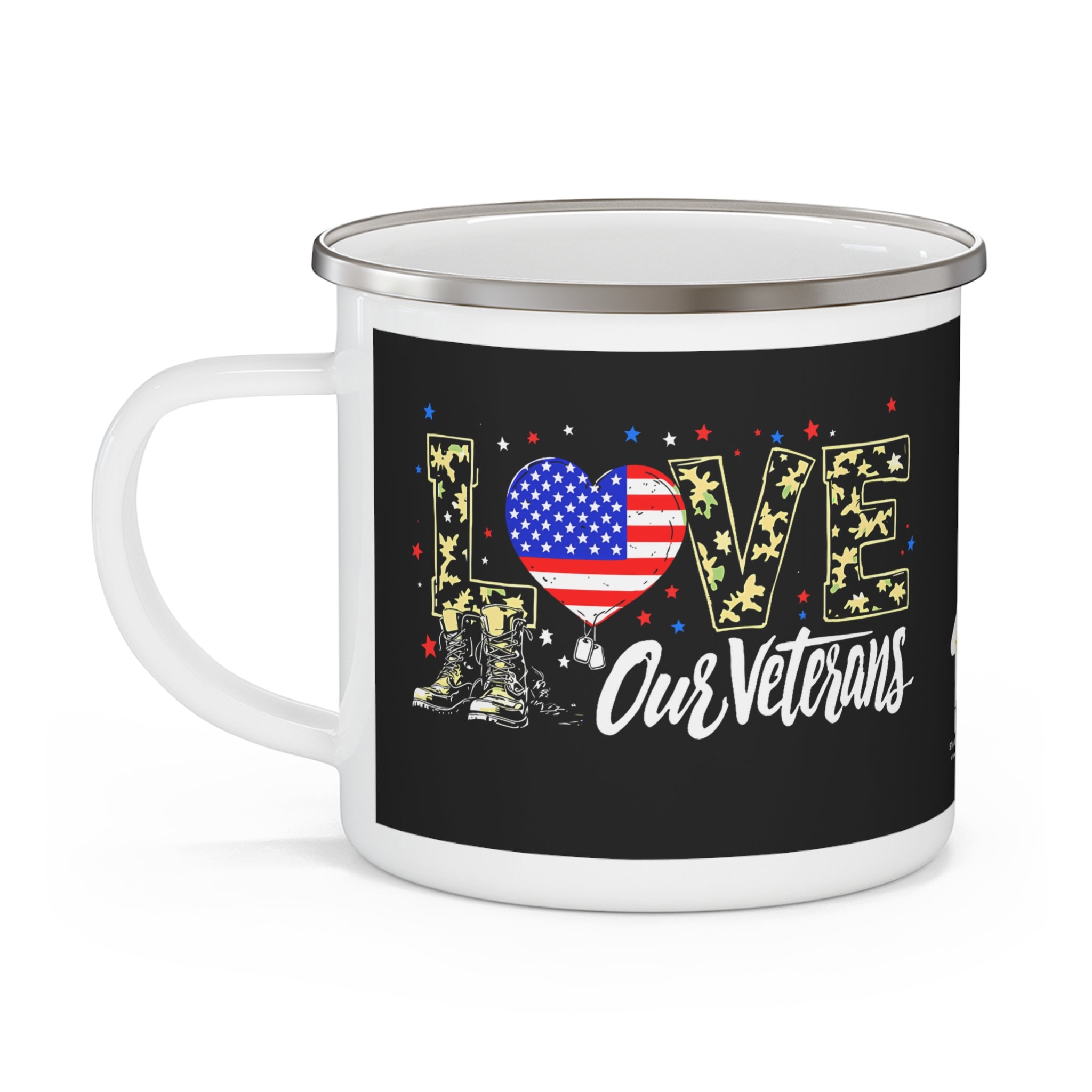 “Love Our Veterans” Enamel Mug with Camo Letters and American Flag Heart – Black Background