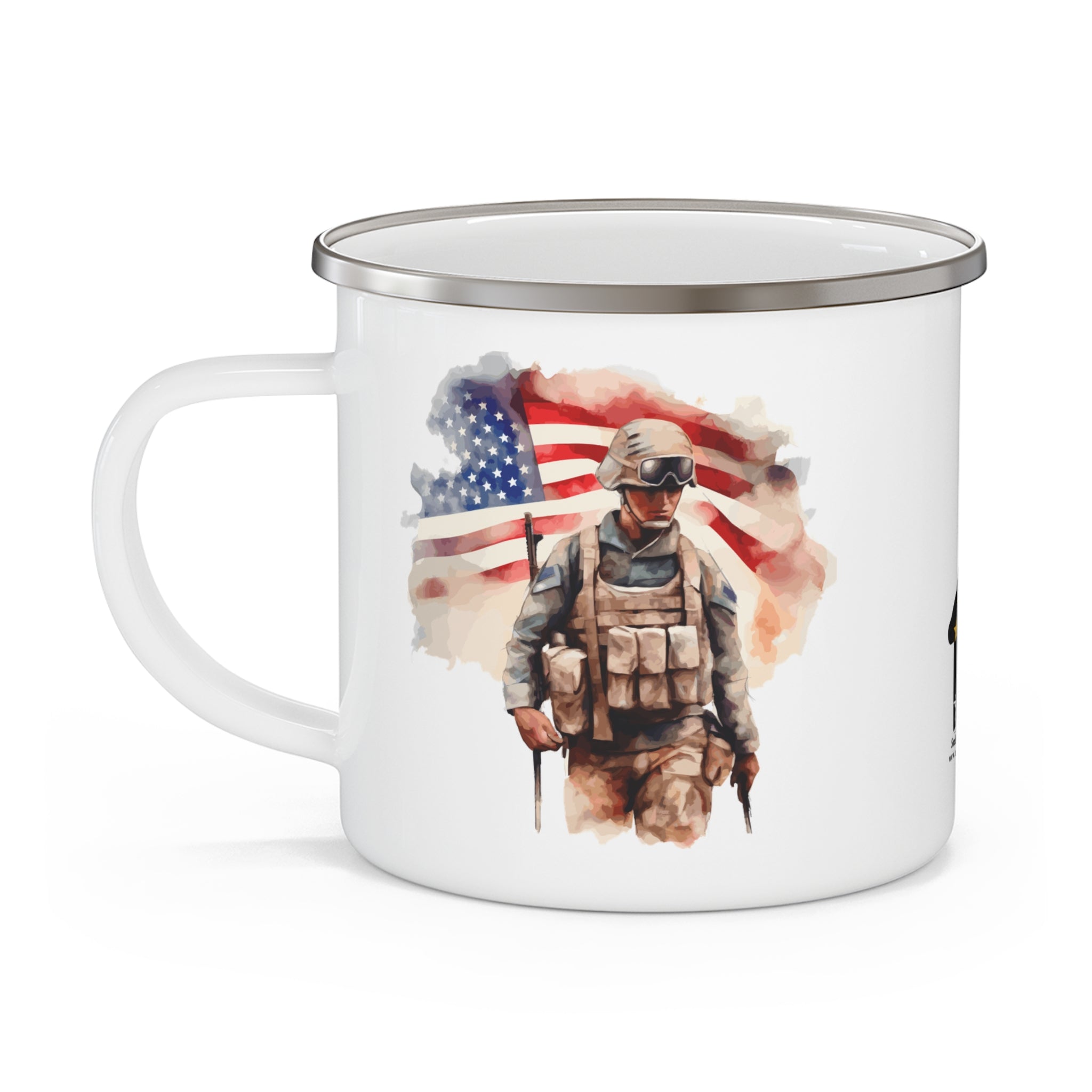 White Soldier & Flag Coffee Cup – Patriotic Warrior Enamel Cup