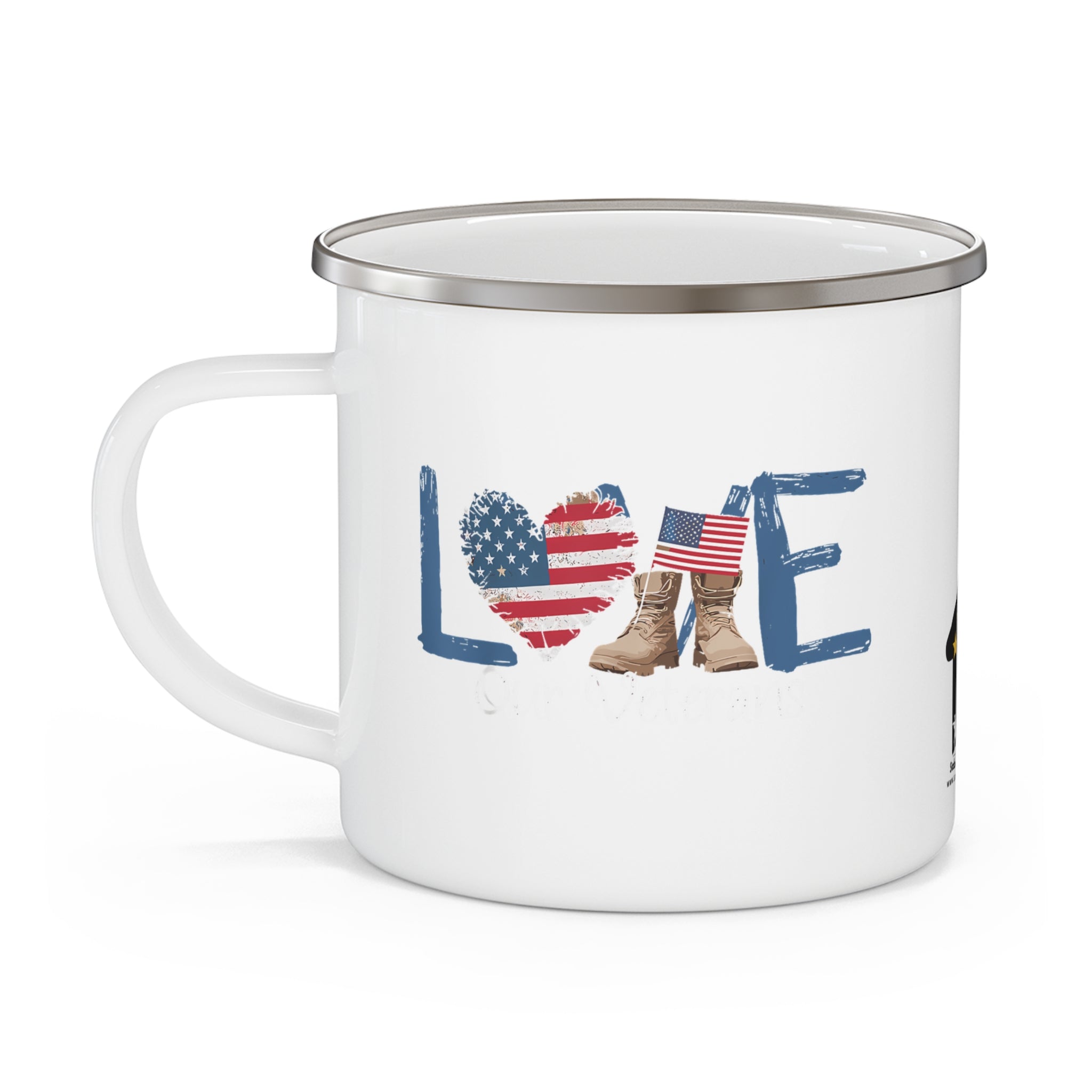 “LOVE” Enamel Mug with American Flag Heart and Combat Boots Design