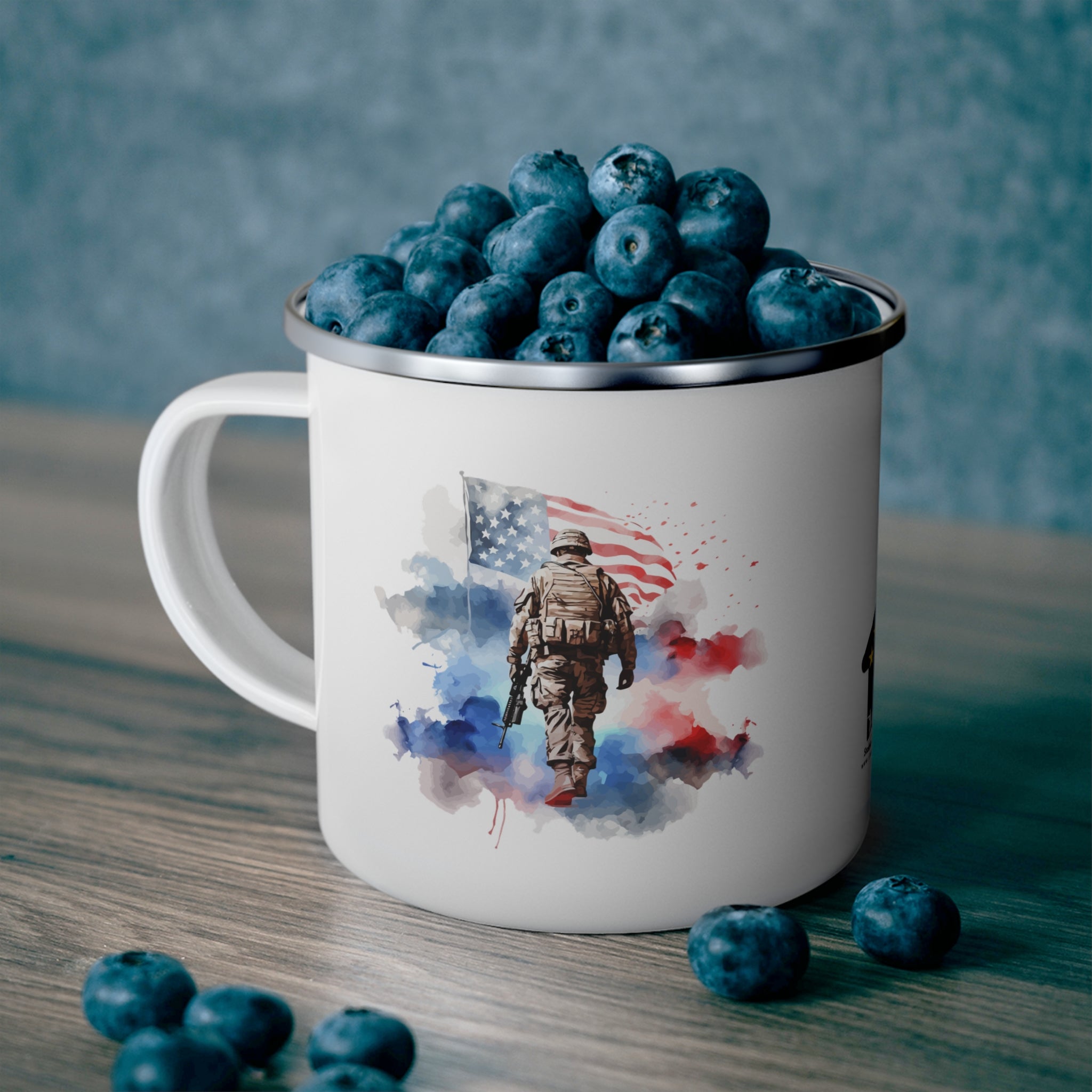 White Watercolor Soldier Coffee Cup – Patriotic Flag Tribute Enamel Cup