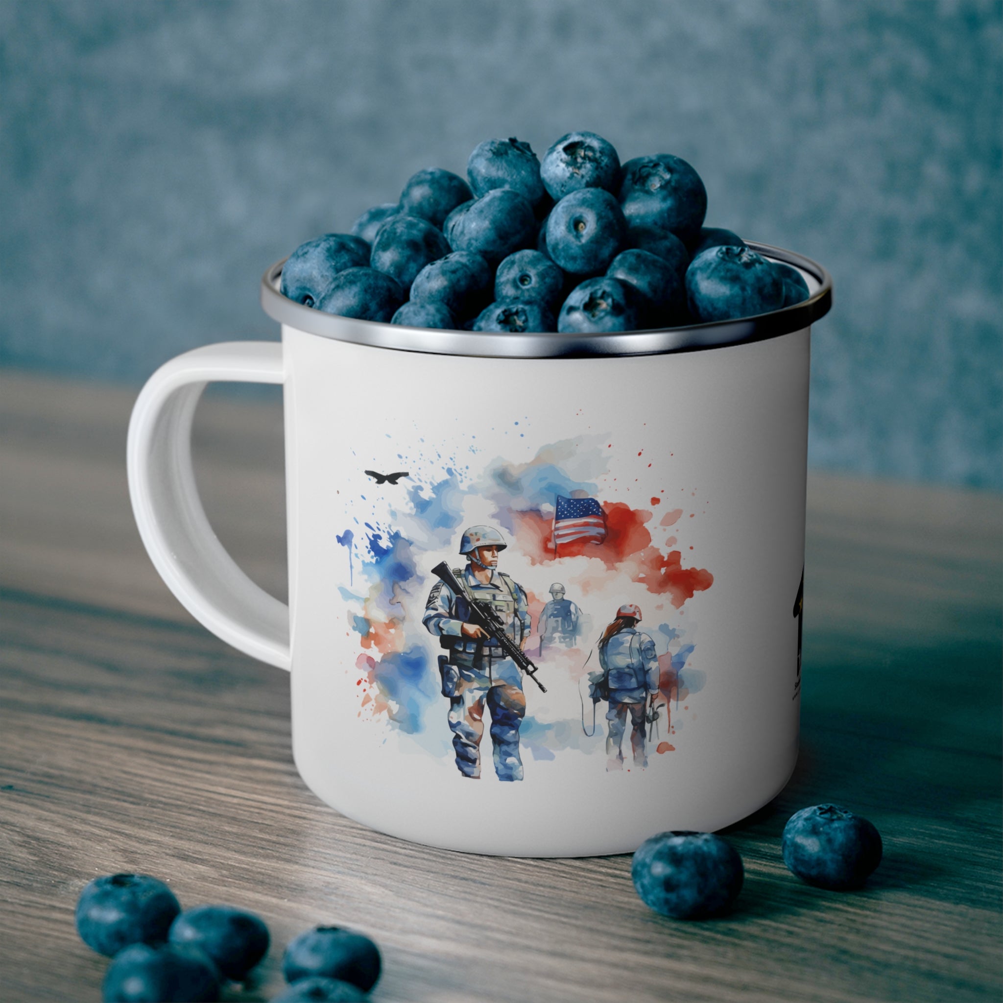 White Watercolor Soldiers Coffee Cup – Patriotic Memorial Tribute Enamel Cup
