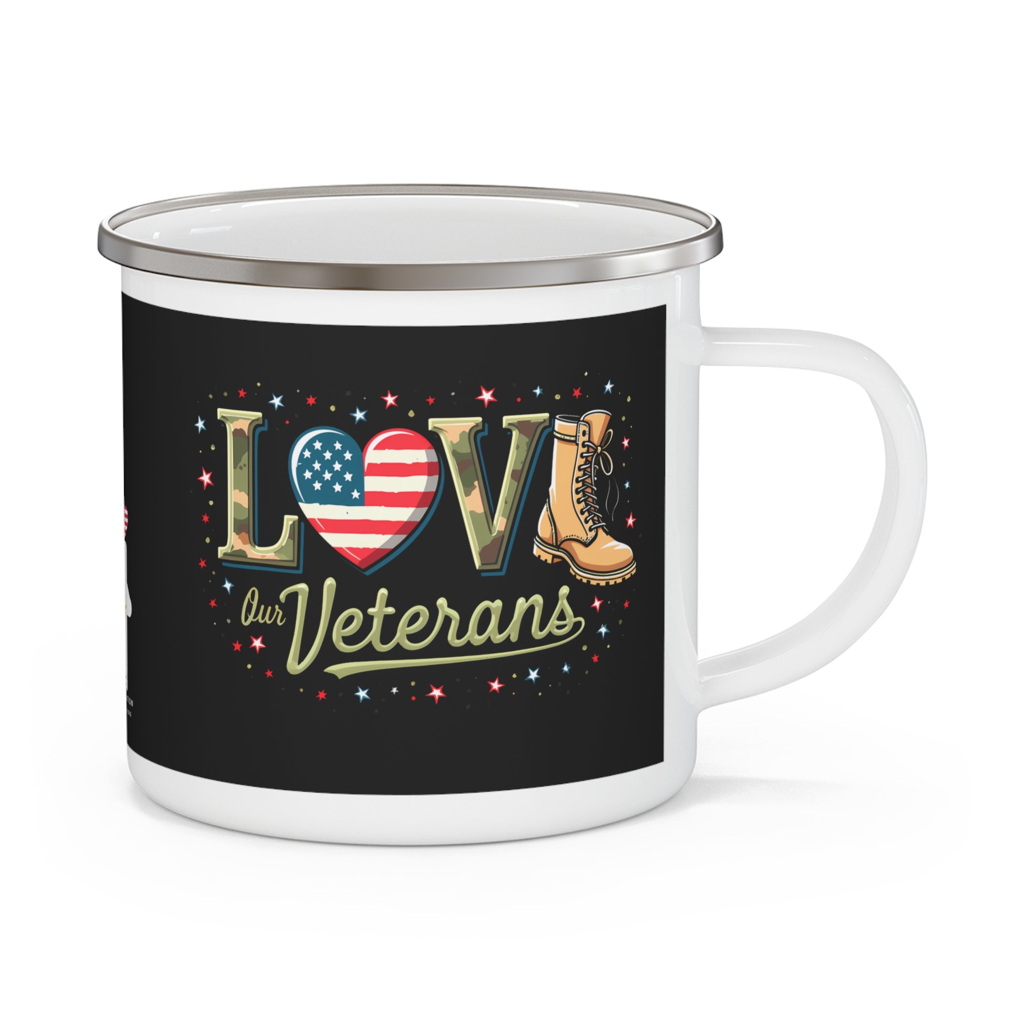 “Love Our Veterans” Enamel Mug with American Flag Heart and Combat Boot Design