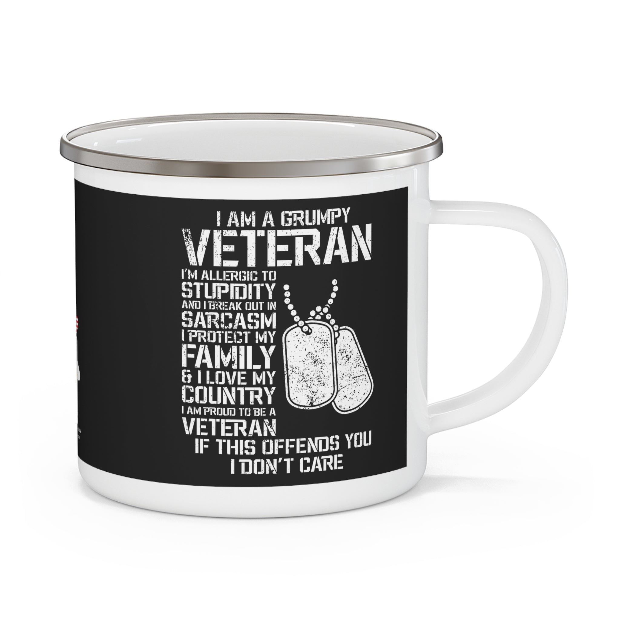 Grumpy Veteran Enamel Mug – Patriotic Military Coffee Cup with Dog Tags