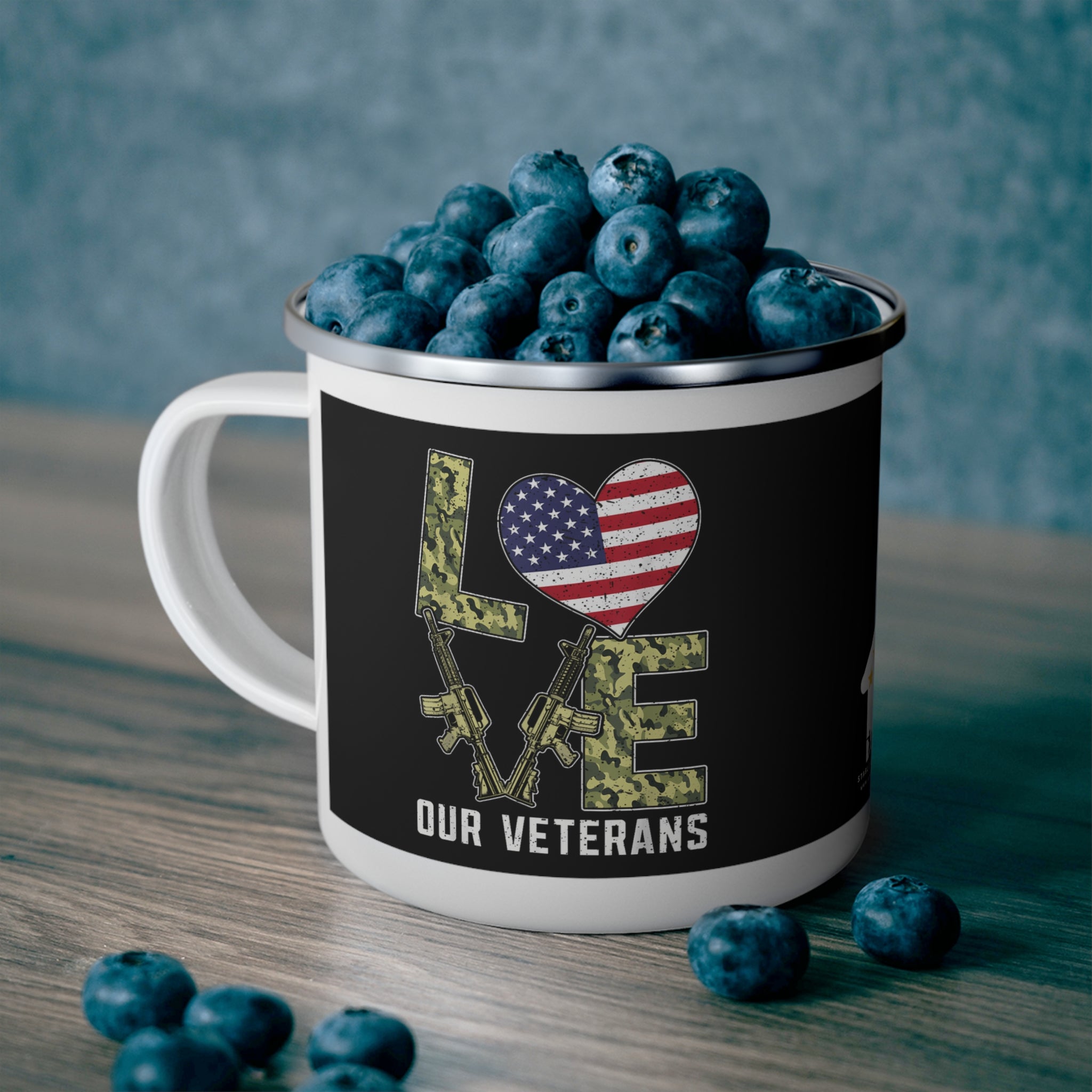 Love Our Veterans Coffee Cup – Patriotic American Flag Enamel Cup