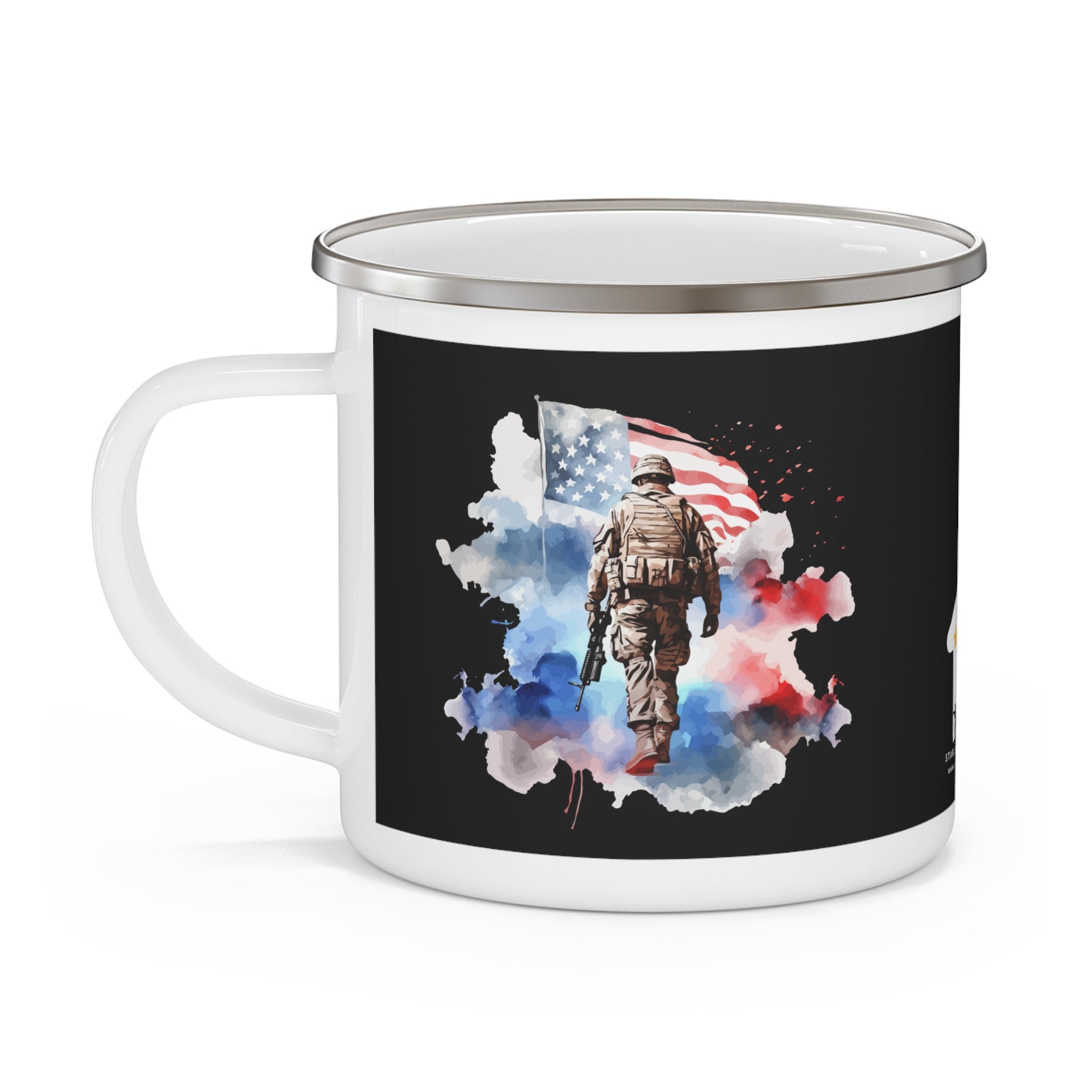 Watercolor Soldier Enamel Mug – Patriotic Memorial Tribute Coffee Cup