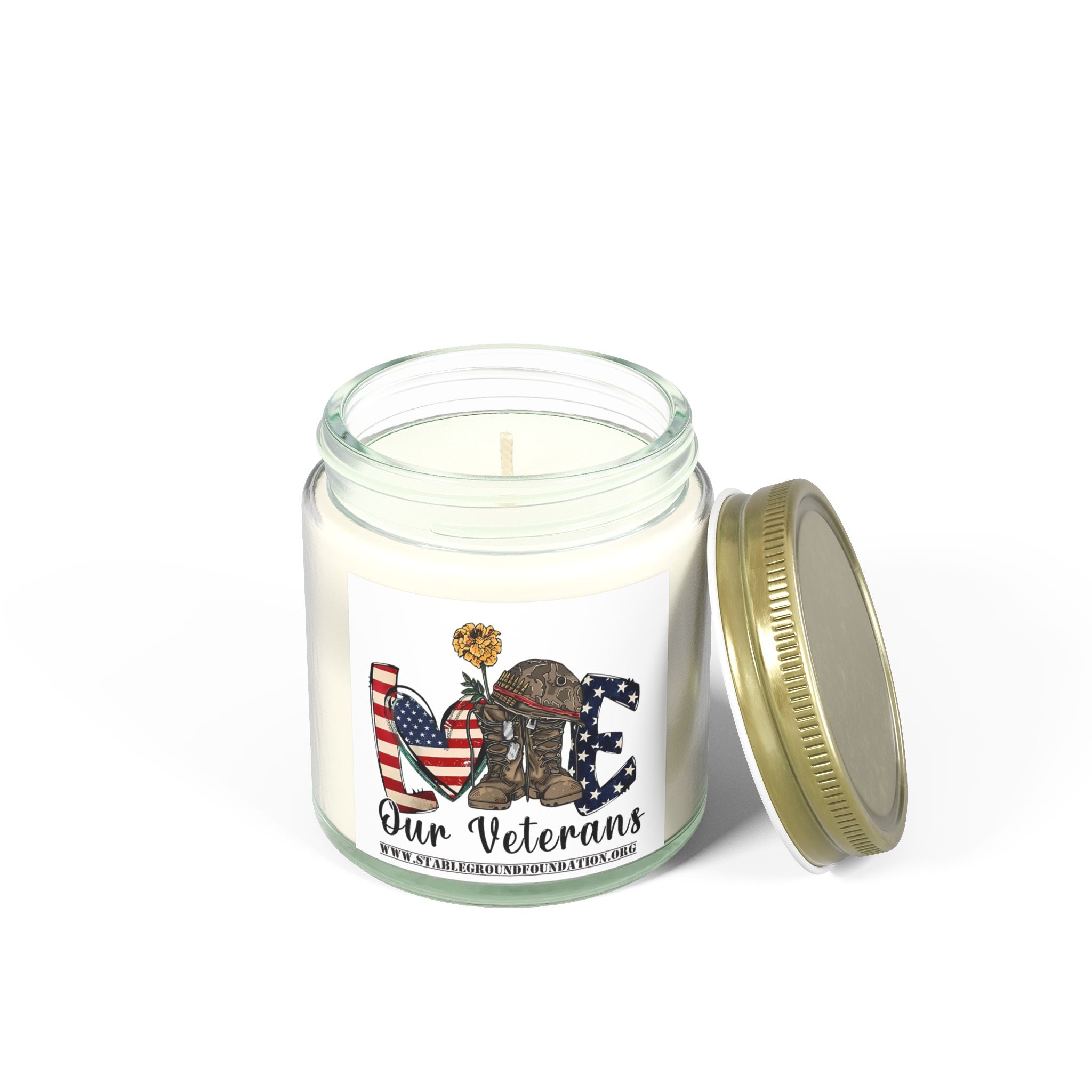 Love Our Veterans Candle – Military Boots & Helmet Patriotic Candle