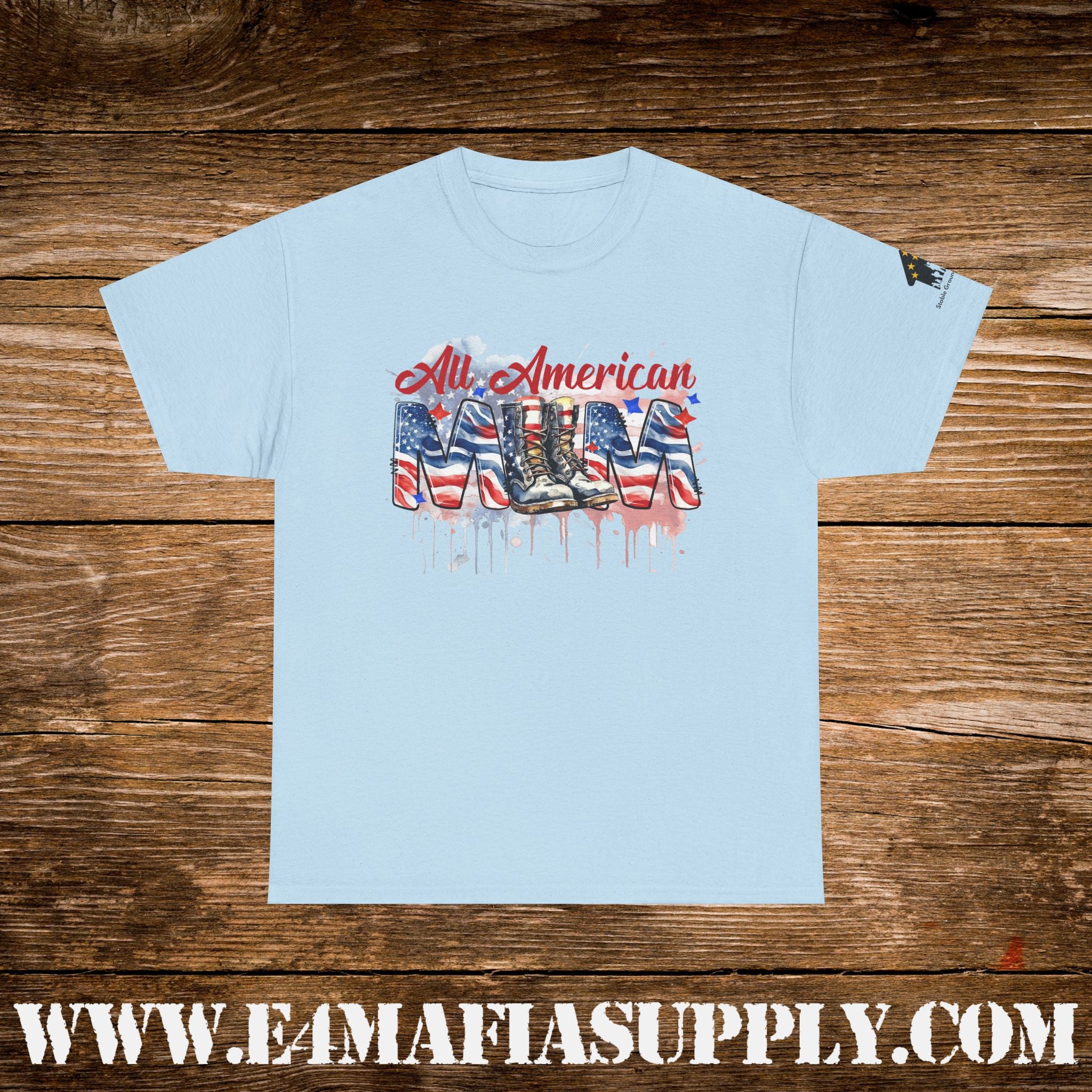 “All American Mom” – Patriotic Flag & Combat Boots T-Shirt