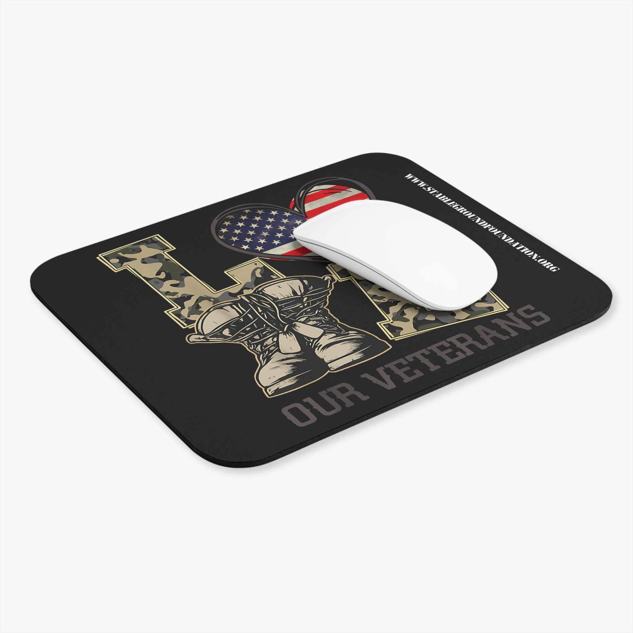Love Our Veterans – Camo Boots & Flag Heart Mouse Pad