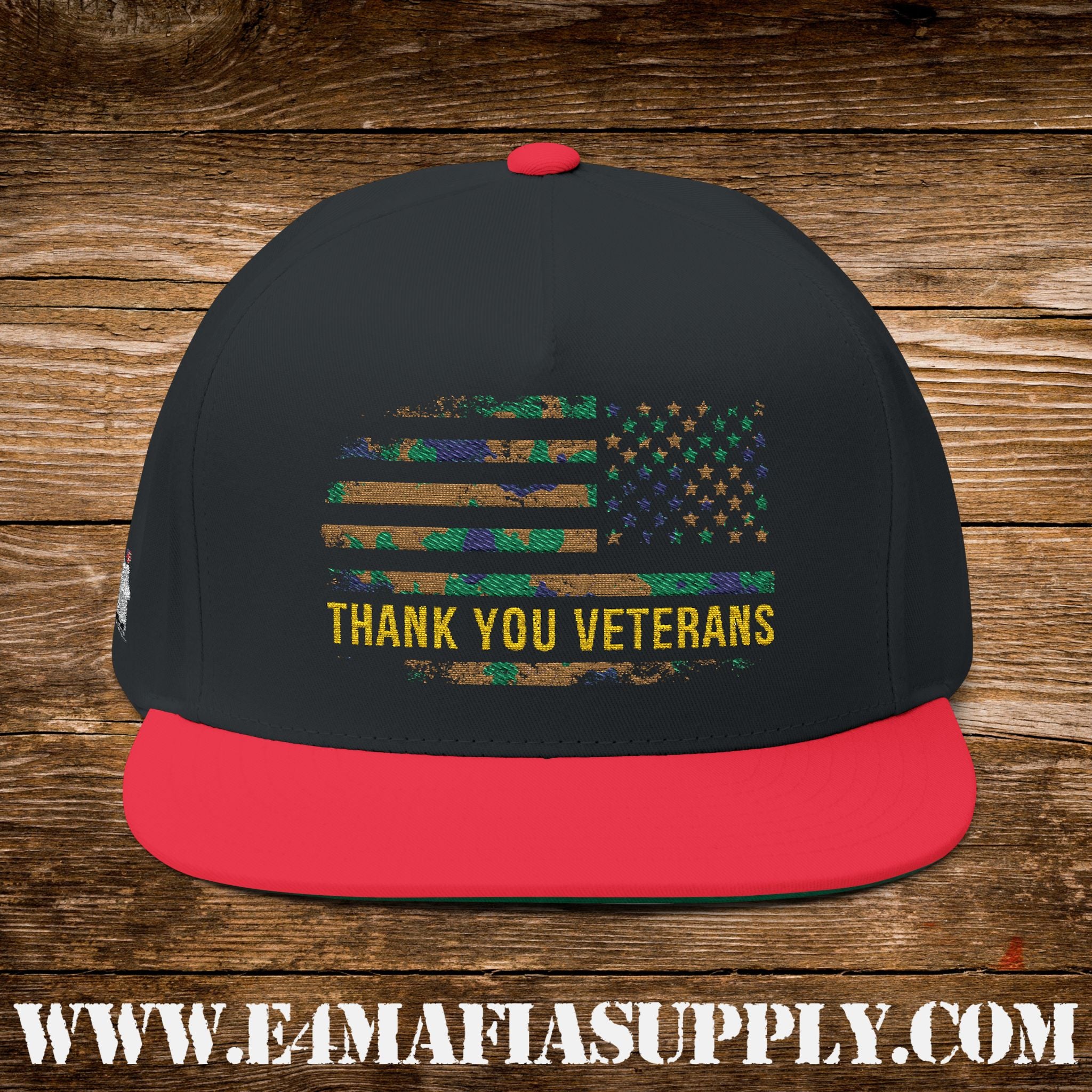 Patriotic “Thank You Veterans” Flat Bill Cap with American Flag Embroidery