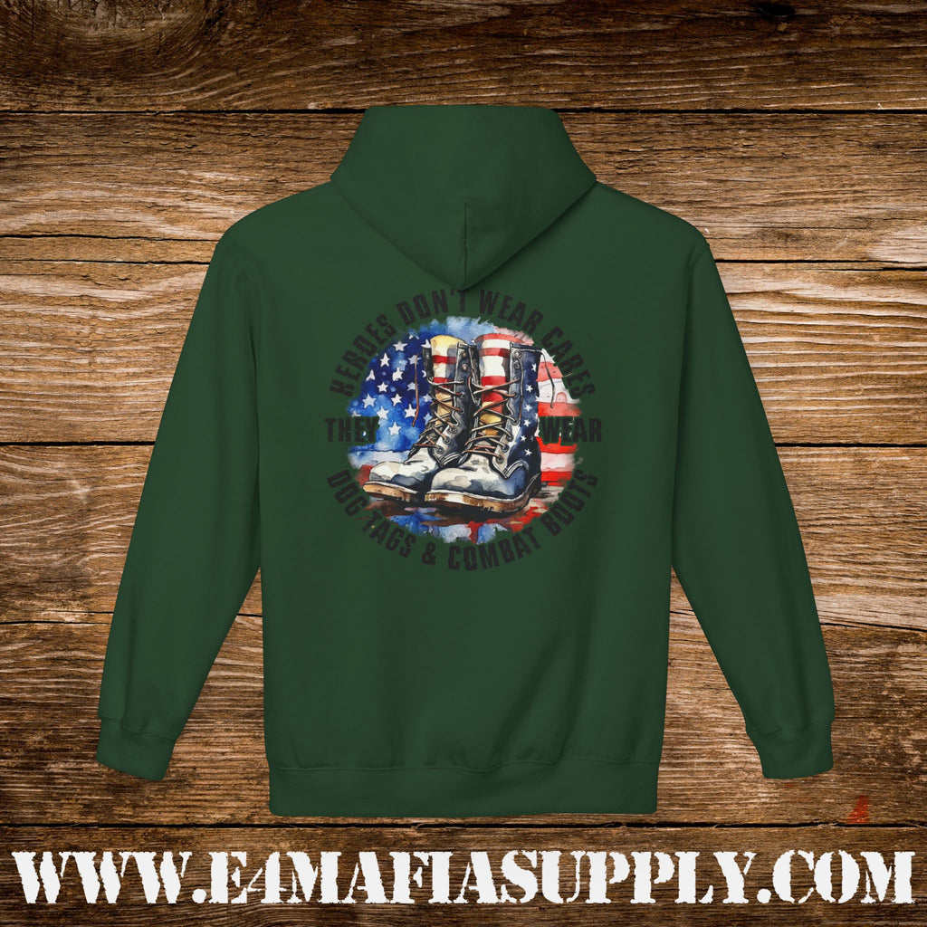 “Heroes Don’t Wear Capes – They Wear Dog Tags & Combat Boots” Patriotic Military Hoodie