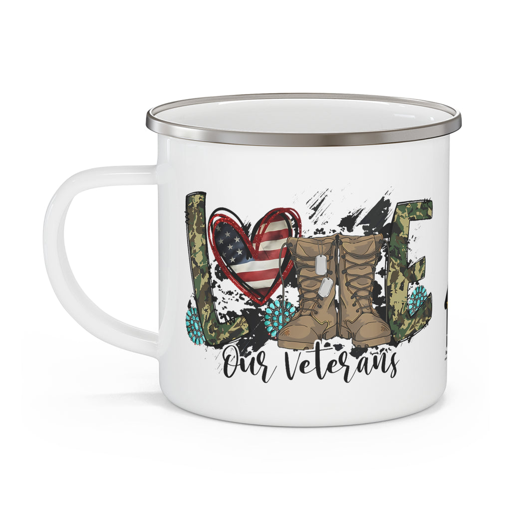 “Love Our Veterans” Enamel Mug with American Flag Heart, Combat Boots, and Floral Design