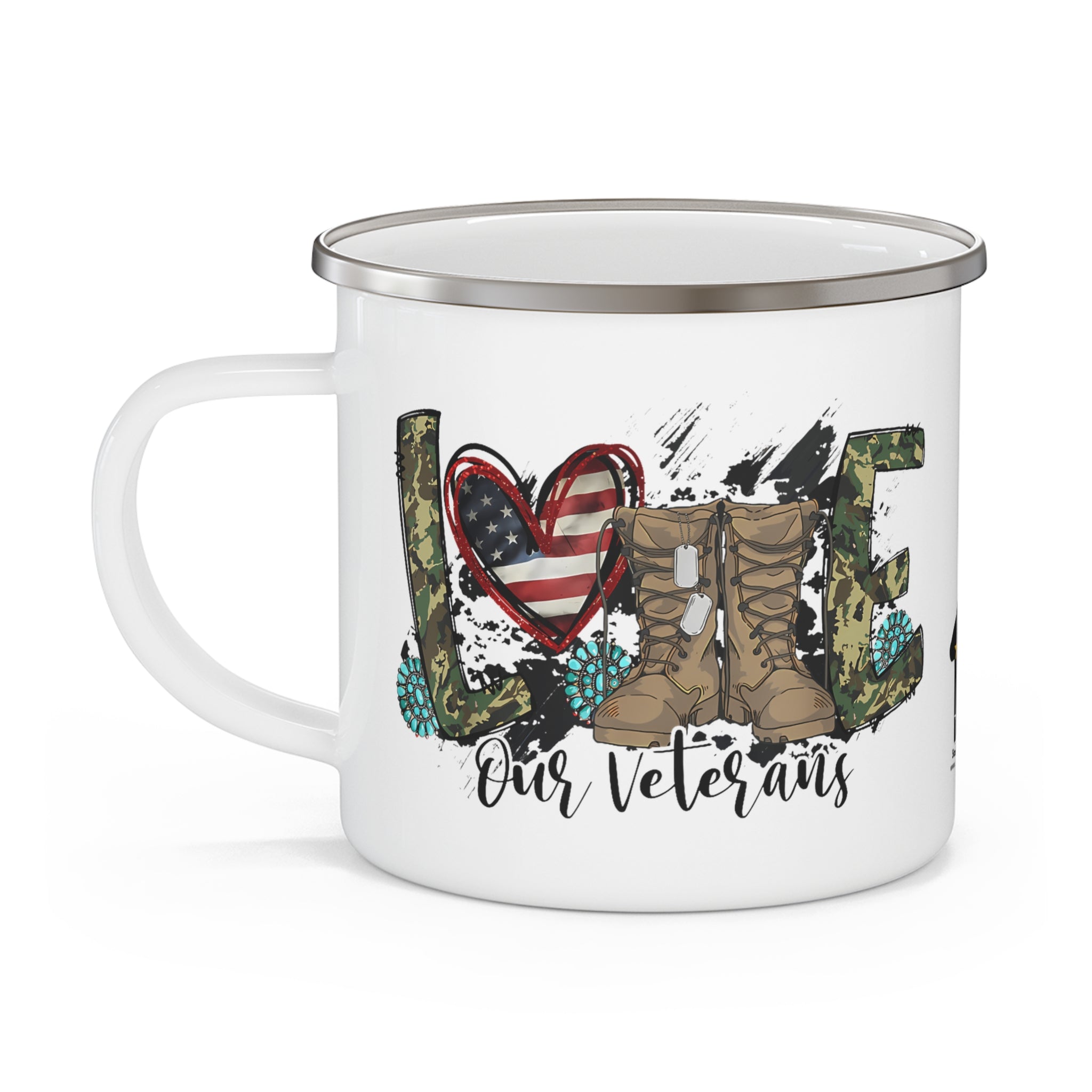 “Love Our Veterans” Enamel Mug with American Flag Heart, Combat Boots, and Floral Design
