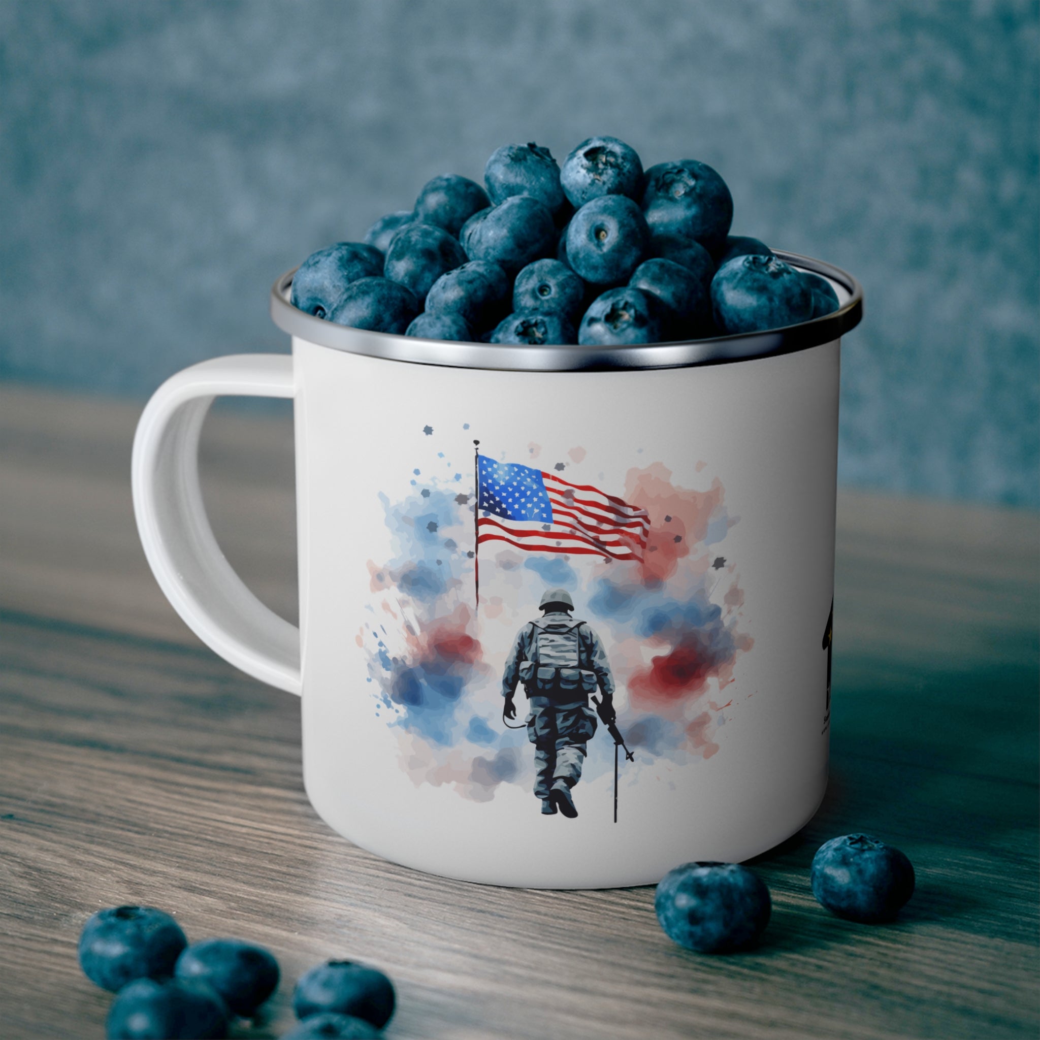 Watercolor Soldier Coffee Cup – Patriotic American Flag Tribute Enamel Cup