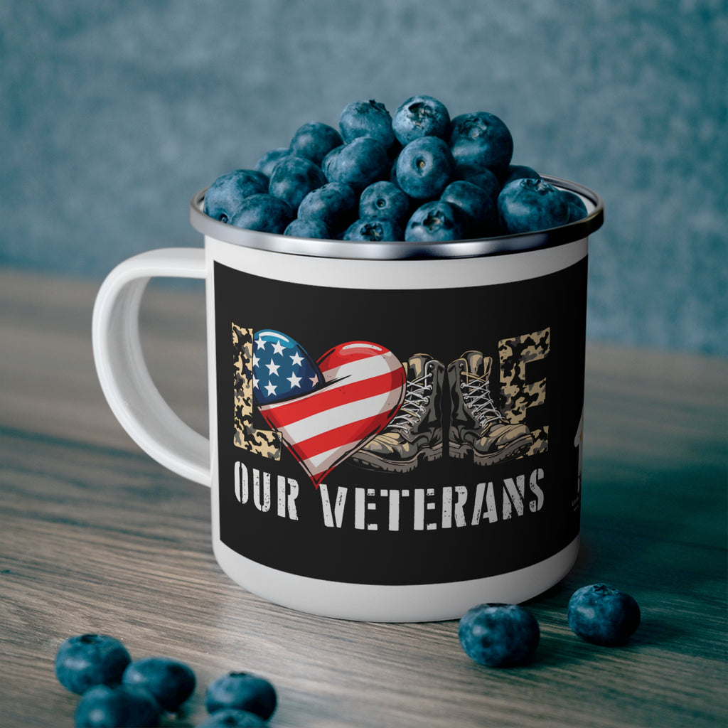 “Love Our Veterans” Enamel Mug with American Flag Heart and Combat Boots Design