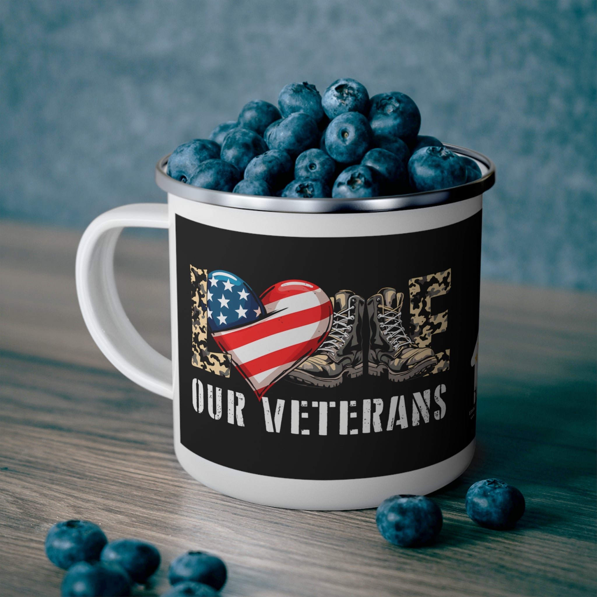 “Love Our Veterans” Enamel Mug with American Flag Heart and Combat Boots Design