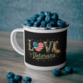 “Love Our Veterans” Enamel Mug with American Flag Heart, Combat Boots, and Star Accents