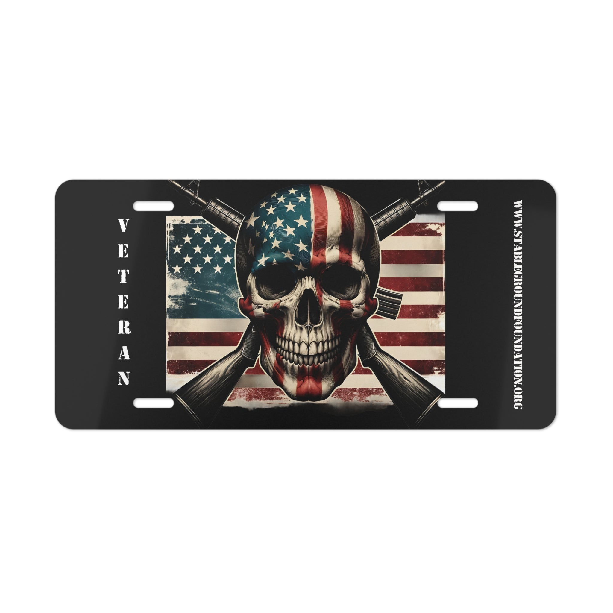 Patriotic Veteran Skull License Plate – American Flag & Crossed Rifles