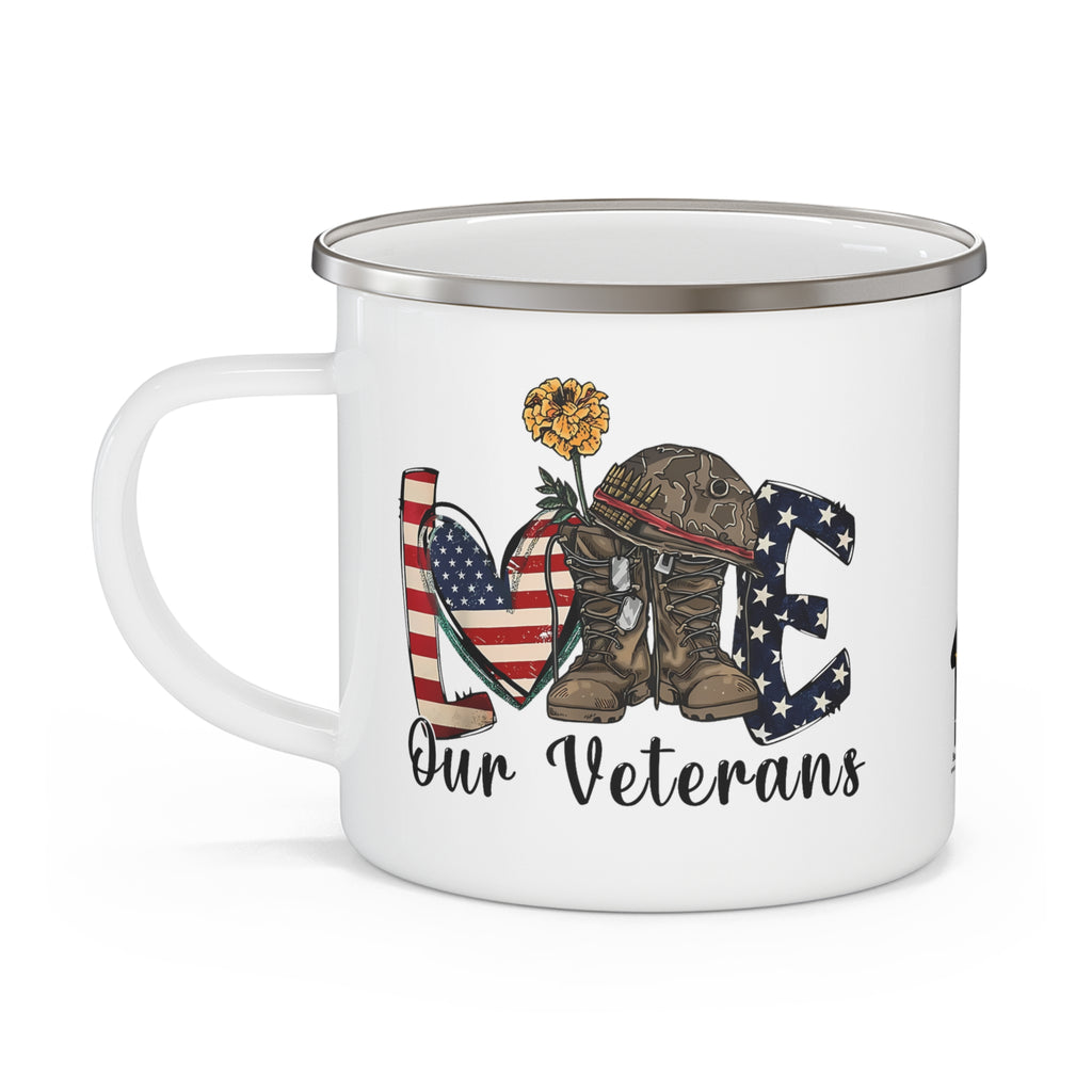“Love Our Veterans” Enamel Mug with American Flag Heart, Helmet, Boots, and Yellow Flower