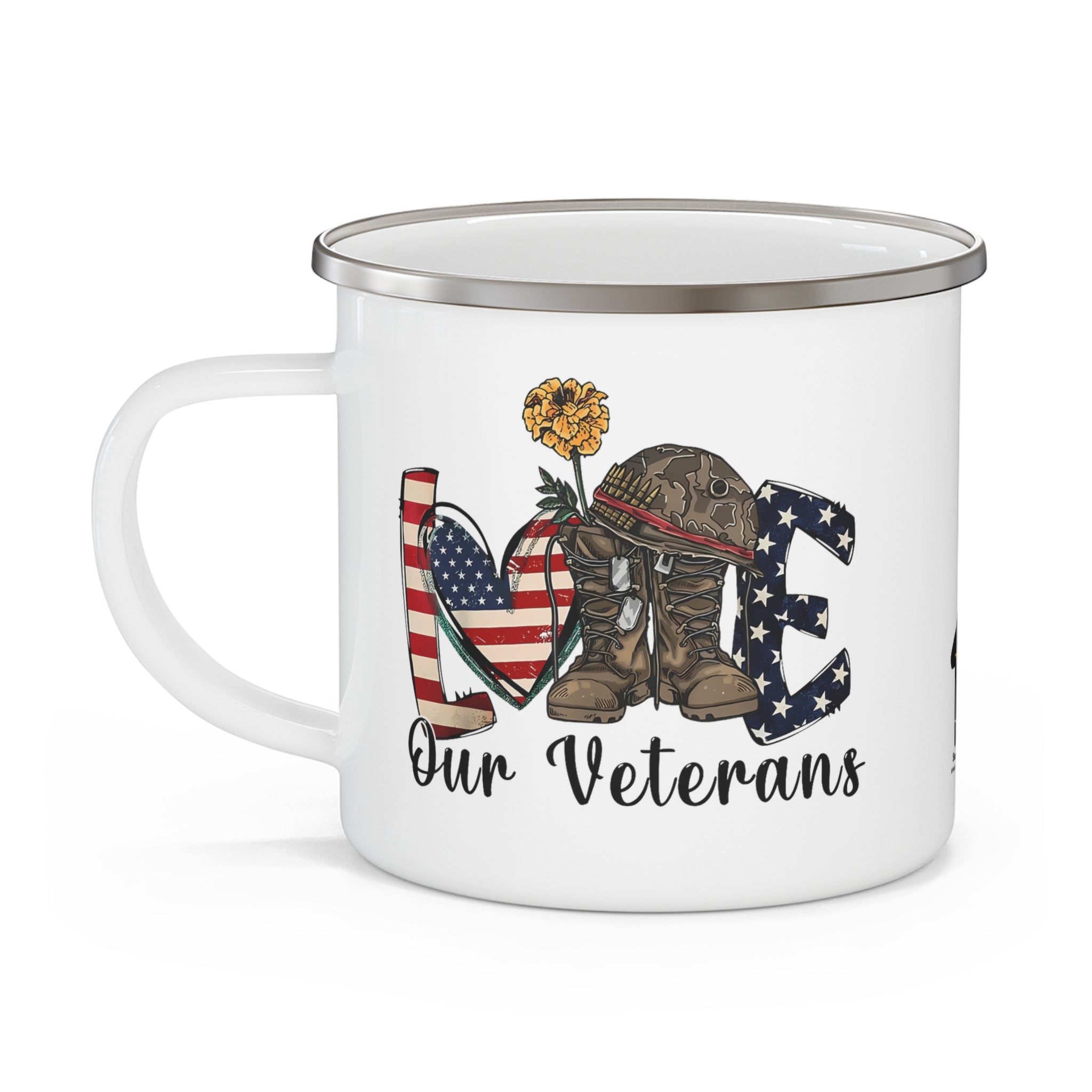 “Love Our Veterans” Enamel Mug with American Flag Heart, Helmet, Boots, and Yellow Flower