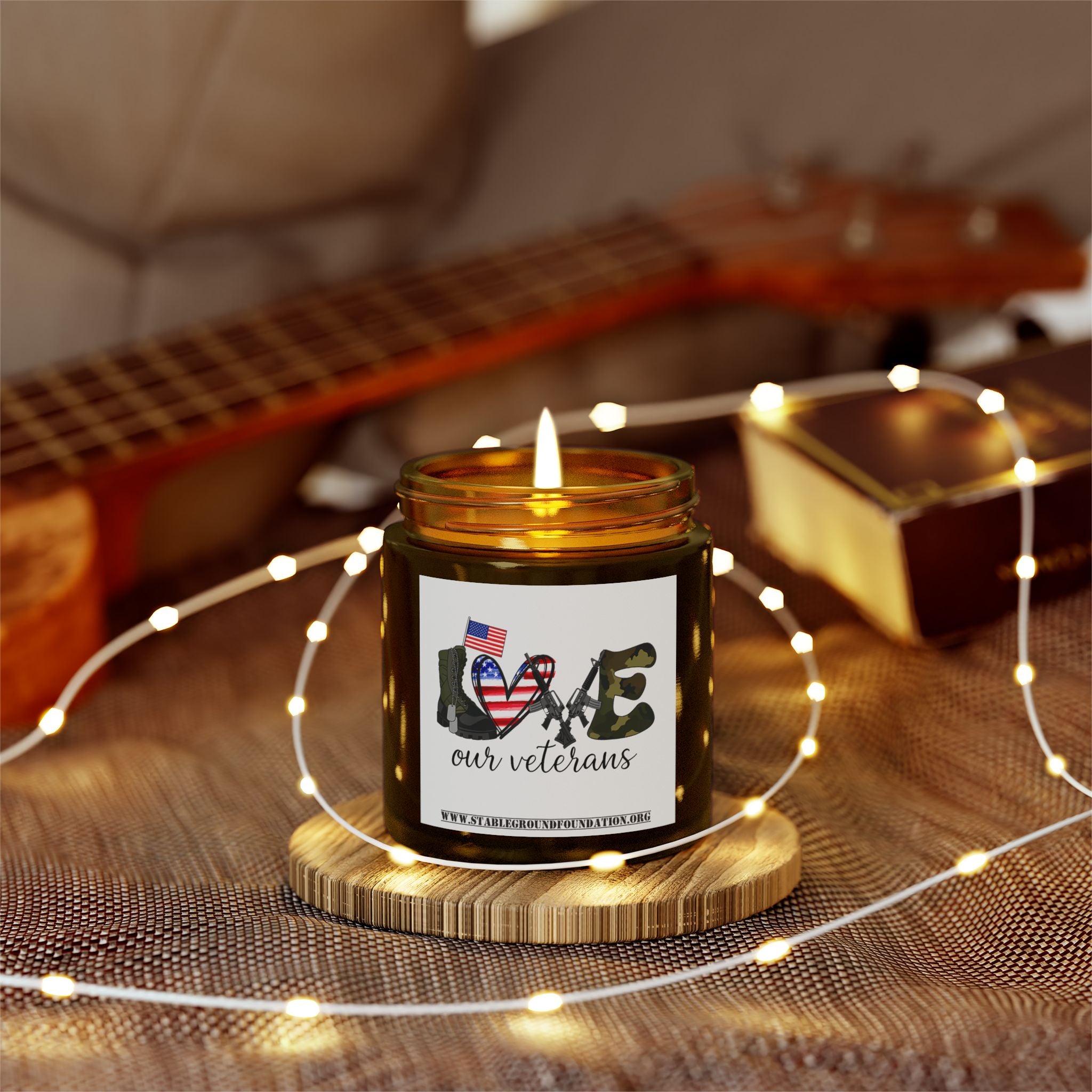 Love Our Veterans Candle – Simple Camo Patriotic Candle Honoring Heroes