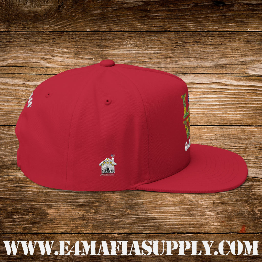 Patriotic “Love Our Veterans” Flat Bill Cap with Camo Letters and American Flag Heart