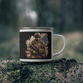 Patriotic Soldier Enamel Mug with American Flag Background – Veteran Tribute Coffee Cup