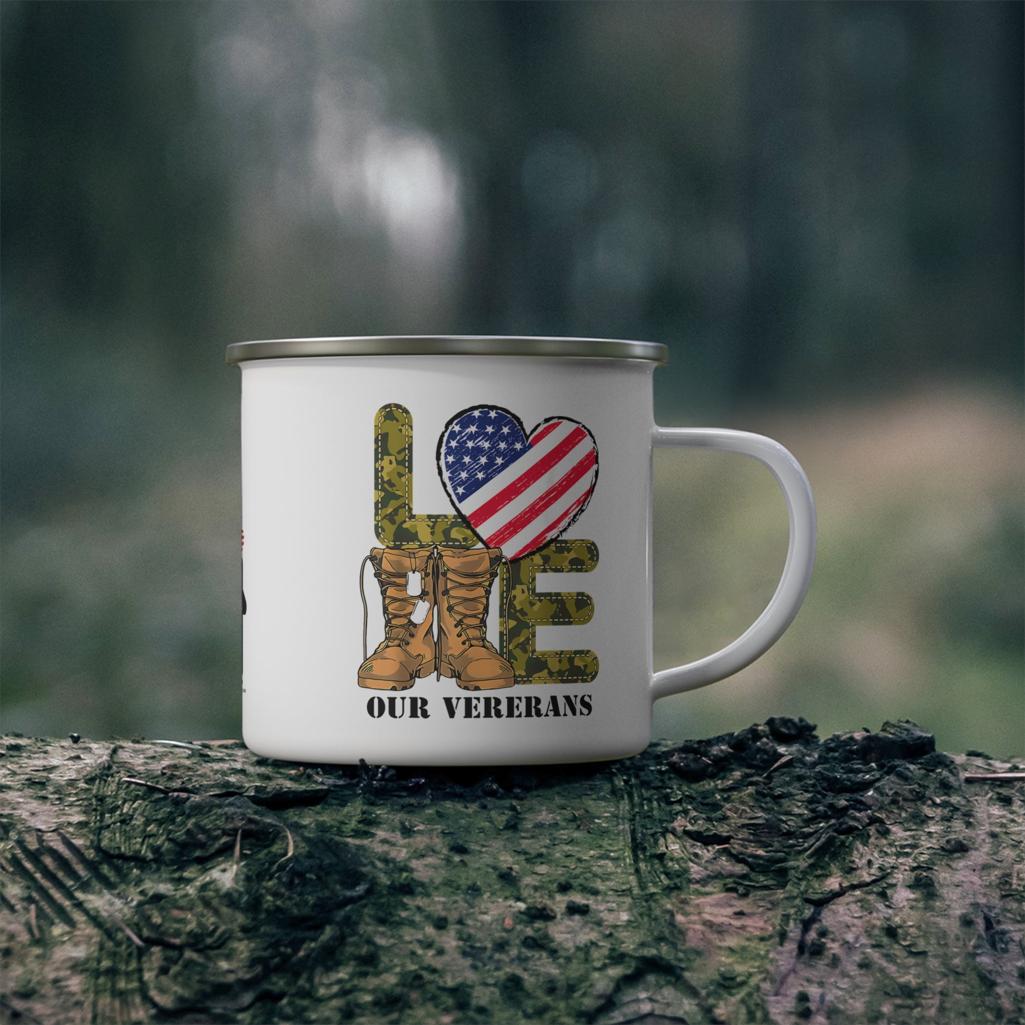 “Love Our Veterans” Enamel Mug with American Flag Heart and Combat Boots Design