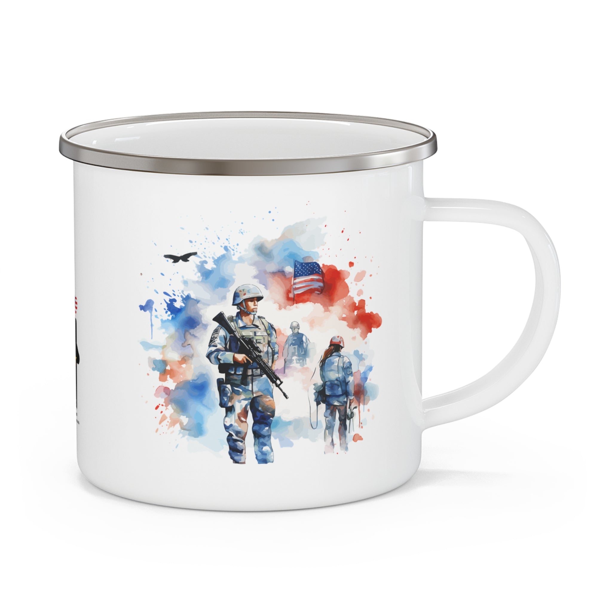 White Watercolor Soldiers Coffee Cup – Patriotic Memorial Tribute Enamel Cup