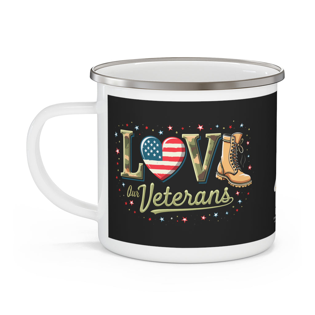 “Love Our Veterans” Enamel Mug with American Flag Heart and Combat Boot Design
