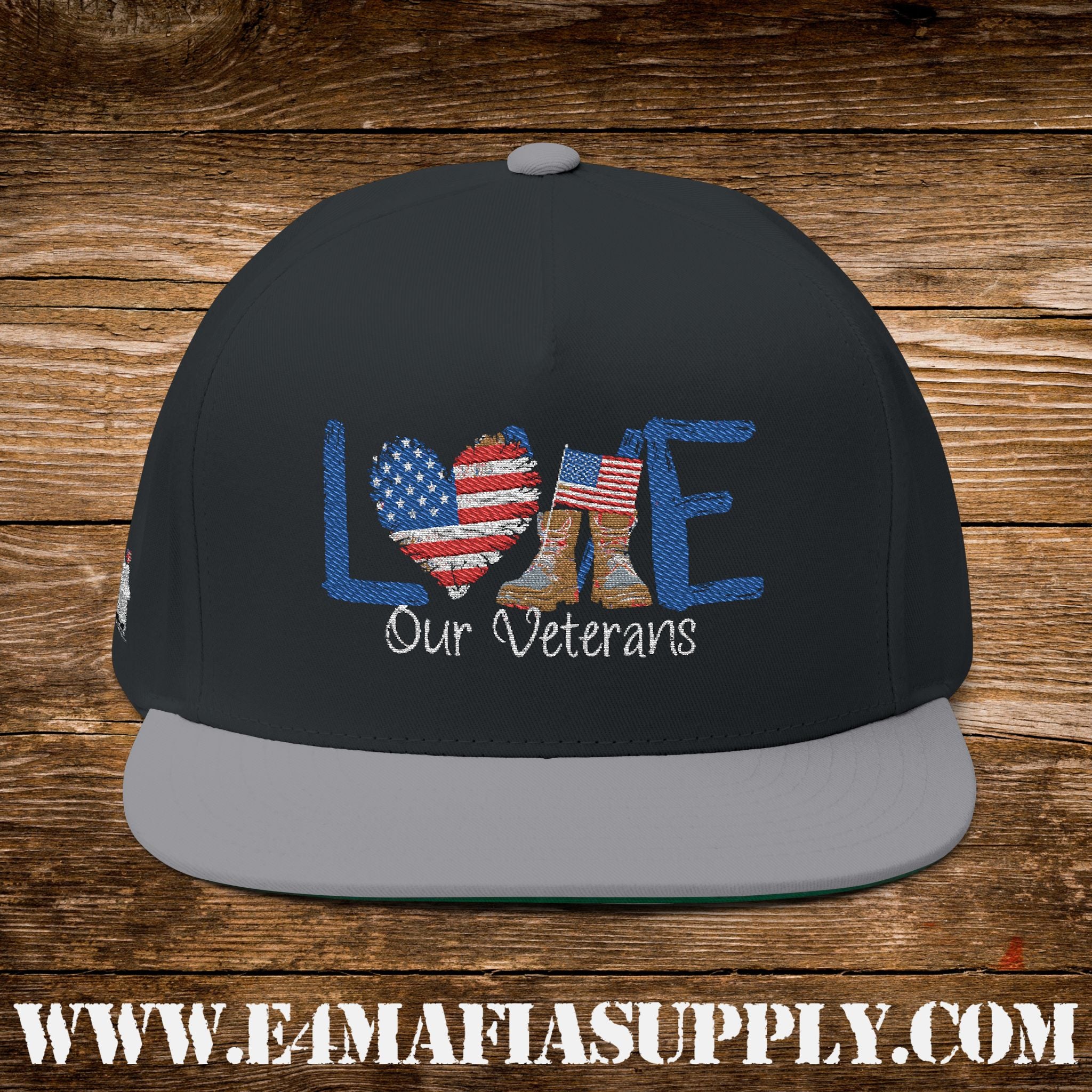 Patriotic “Love Our Veterans” Flat Bill Cap with American Flag Heart and Combat Boots