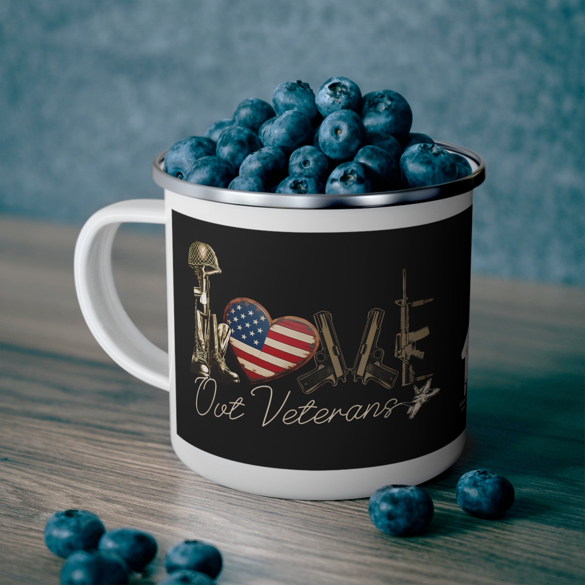 “Love Our Veterans” Enamel Mug with American Flag Heart, Rifle, and Helmet Design