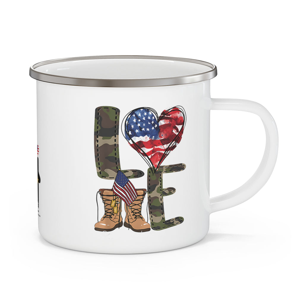 “LOVE” Enamel Mug with Camo Letters, American Flag Heart, and Combat Boots Design
