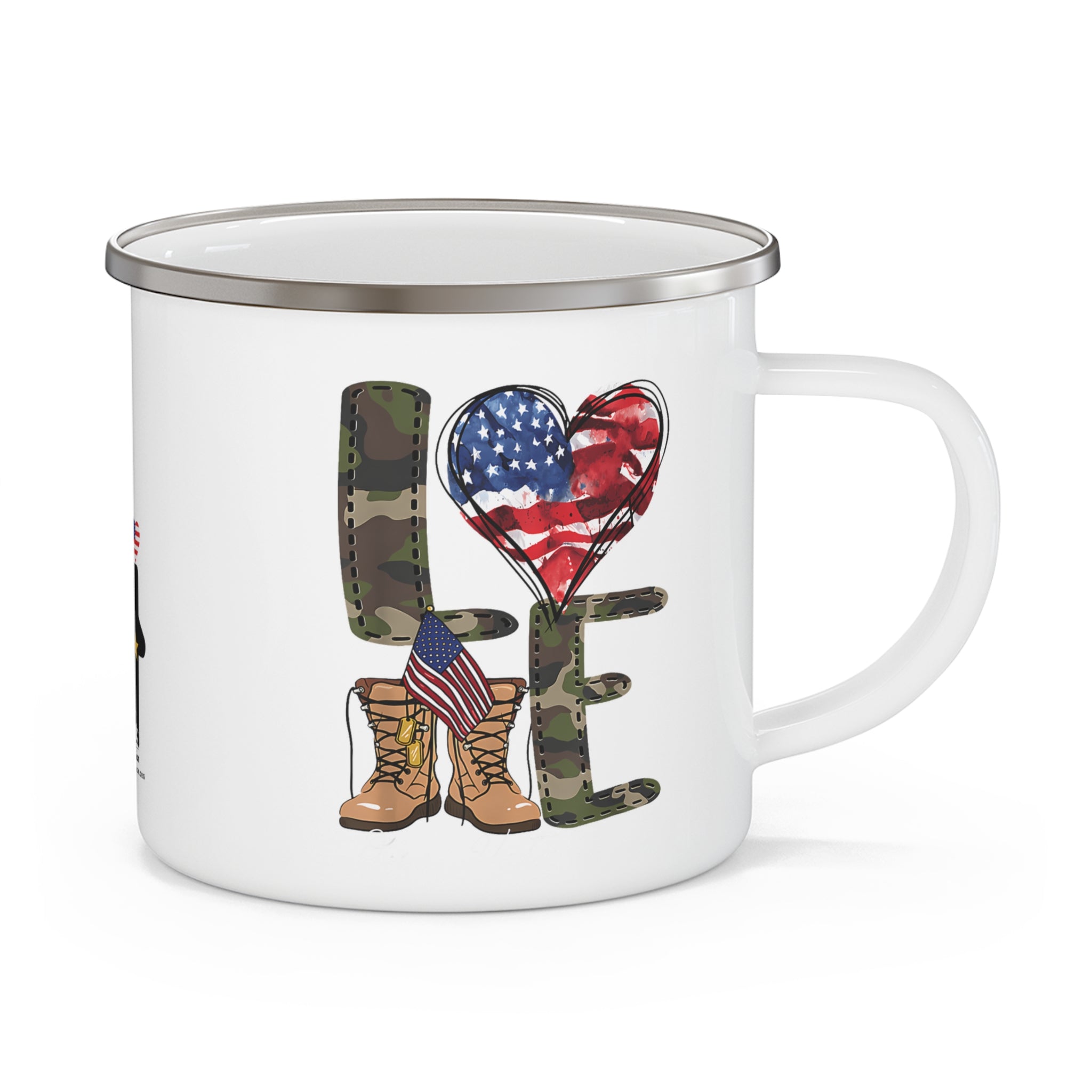 “LOVE” Enamel Mug with Camo Letters, American Flag Heart, and Combat Boots Design