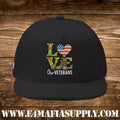 Patriotic “Love Our Veterans” Flat Bill Cap with Camo Letters and American Flag Heart
