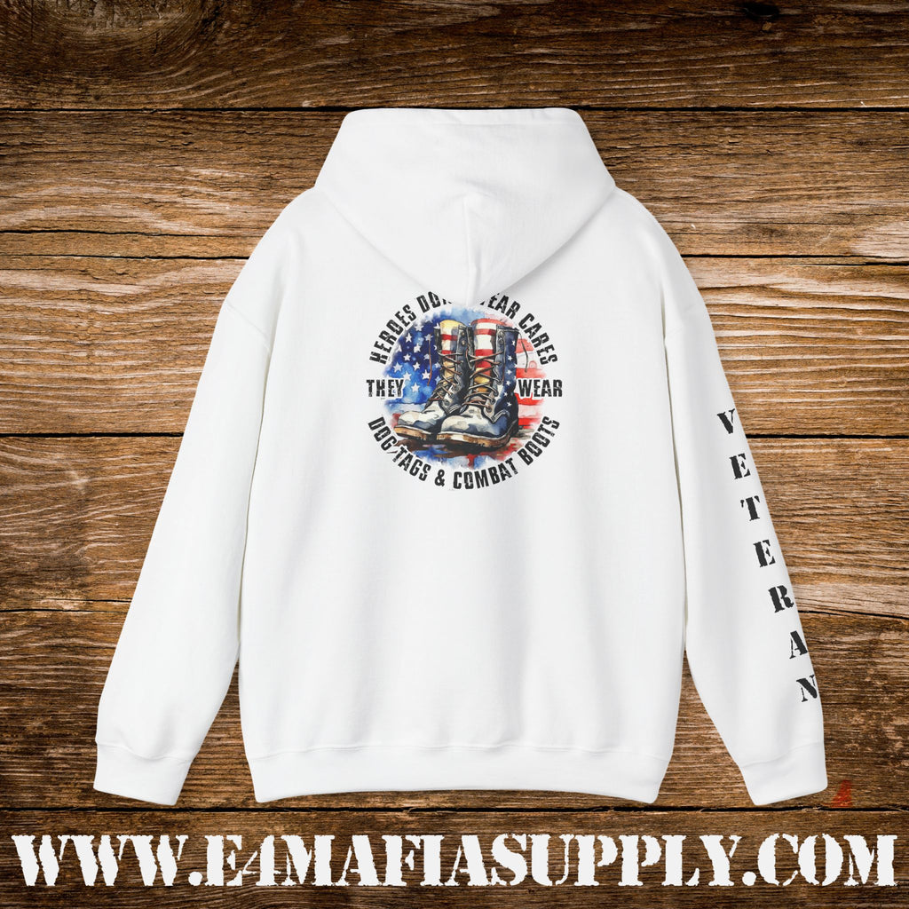 “Heroes Don’t Wear Capes – They Wear Dog Tags & Combat Boots” Patriotic Veteran Sleeve Hoodie