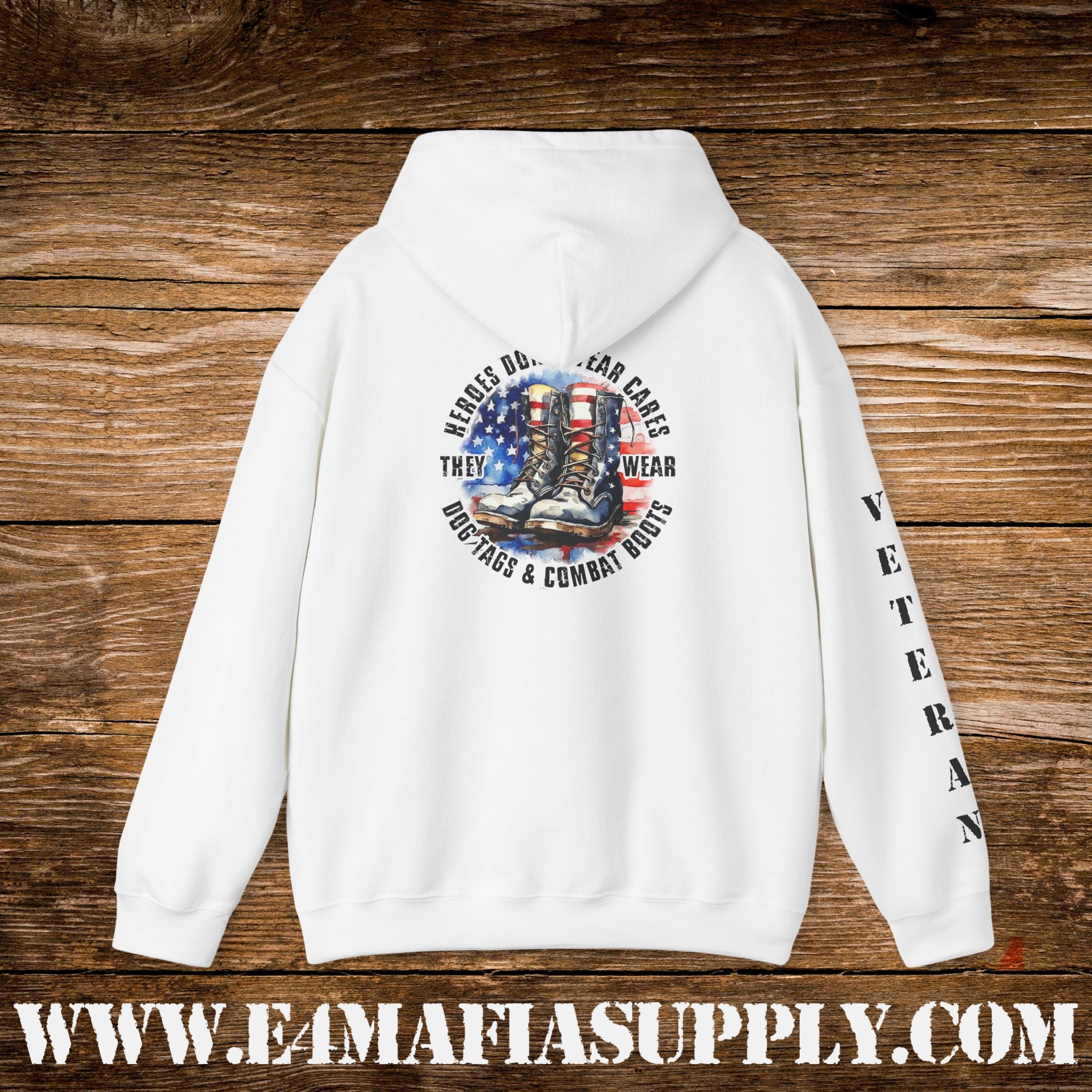“Heroes Don’t Wear Capes – They Wear Dog Tags & Combat Boots” Patriotic Veteran Sleeve Hoodie