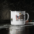 “Love Our Veterans” Enamel Mug with American Flag Heart, Helmet, and Yellow Flower Design