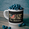 “Love Our Veterans” Enamel Mug with American Flag Heart and Combat Boots Design