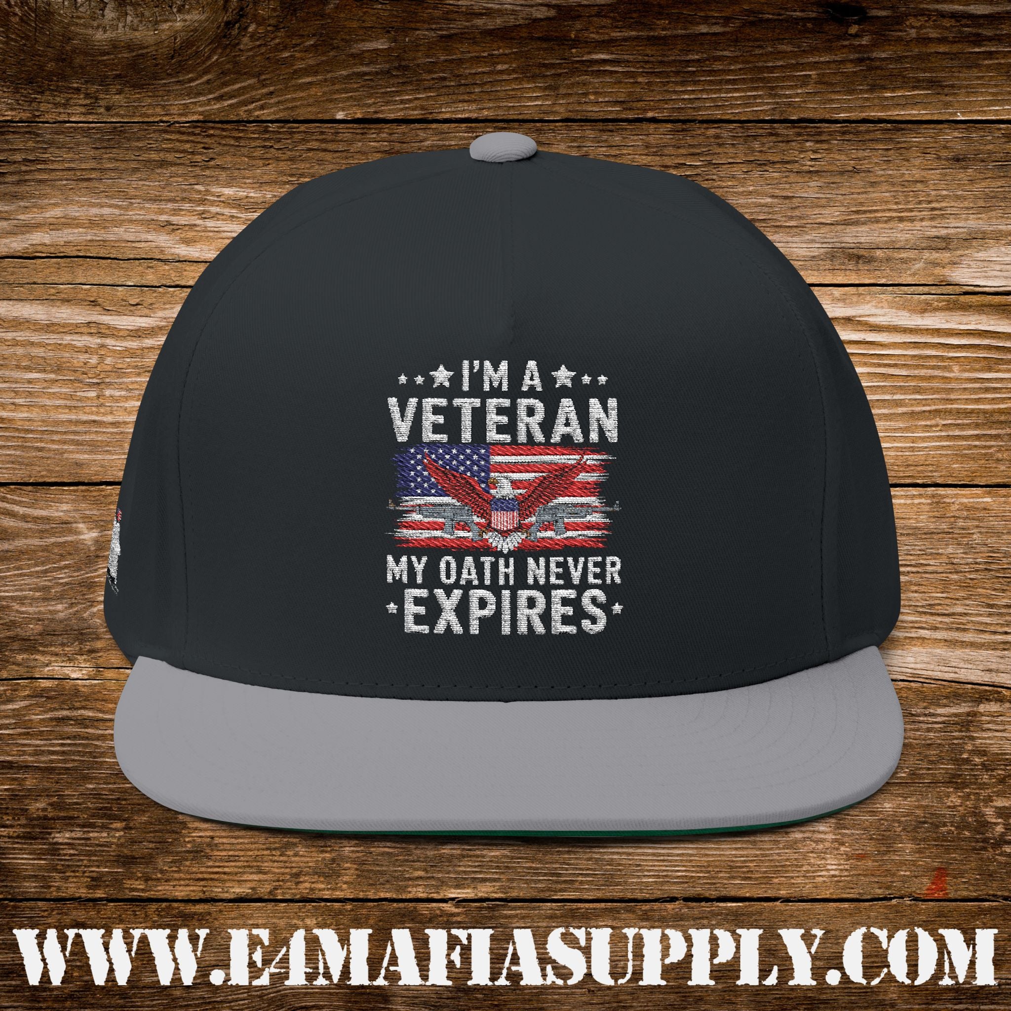 “I’m a Veteran – My Oath Never Expires” Patriotic Flat Bill Cap with American Flag