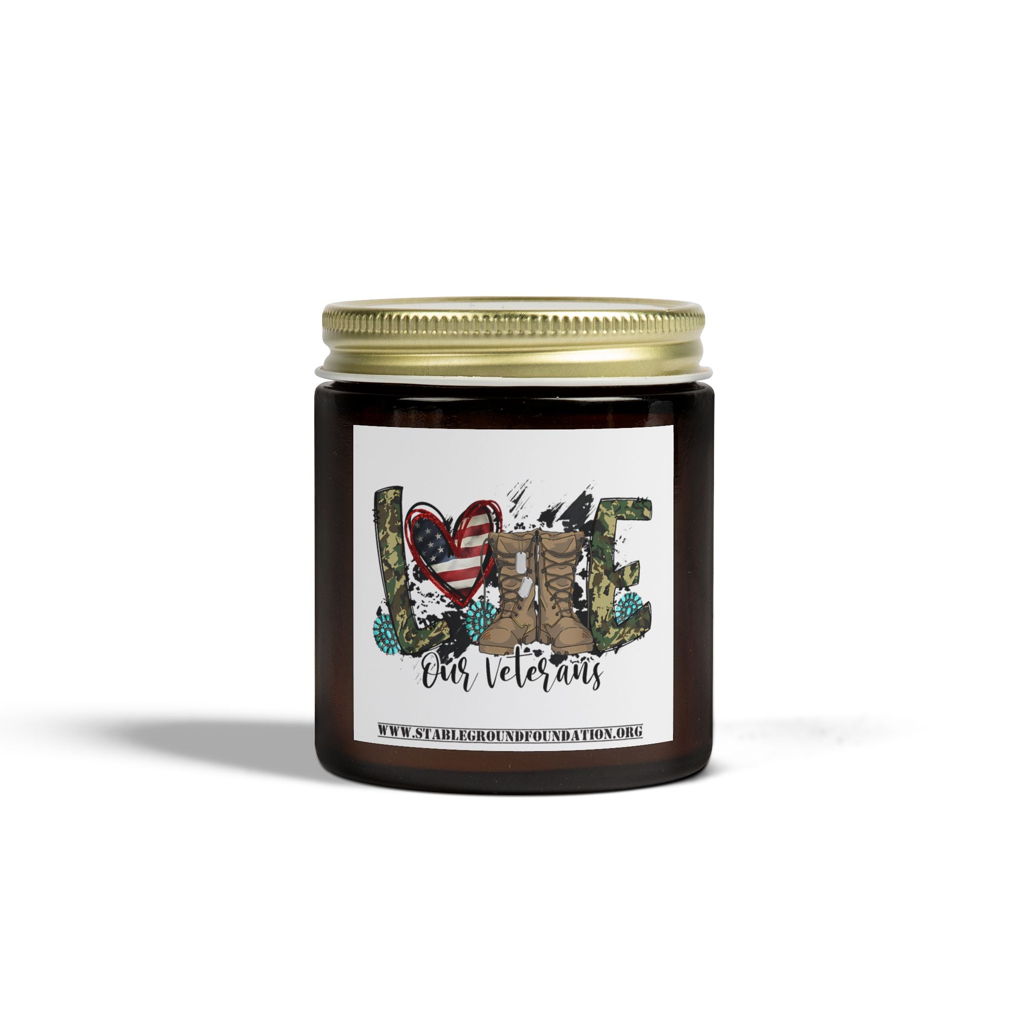 Love Our Veterans Candle – Rustic Camo Heart & Boots Tribute Candle