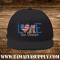 Patriotic “Love Our Veterans” Flat Bill Cap with American Flag Heart and Combat Boots